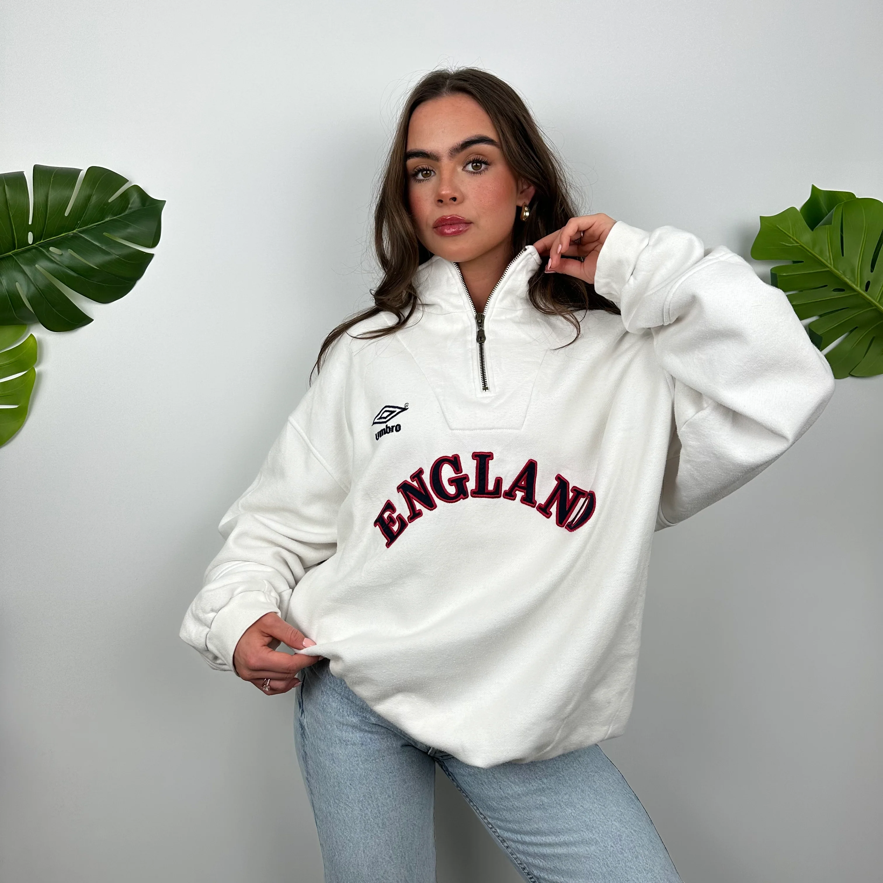 Umbro X England White Embroidered Spell Out Quarter Zip Sweatshirt (XL) - Image 5