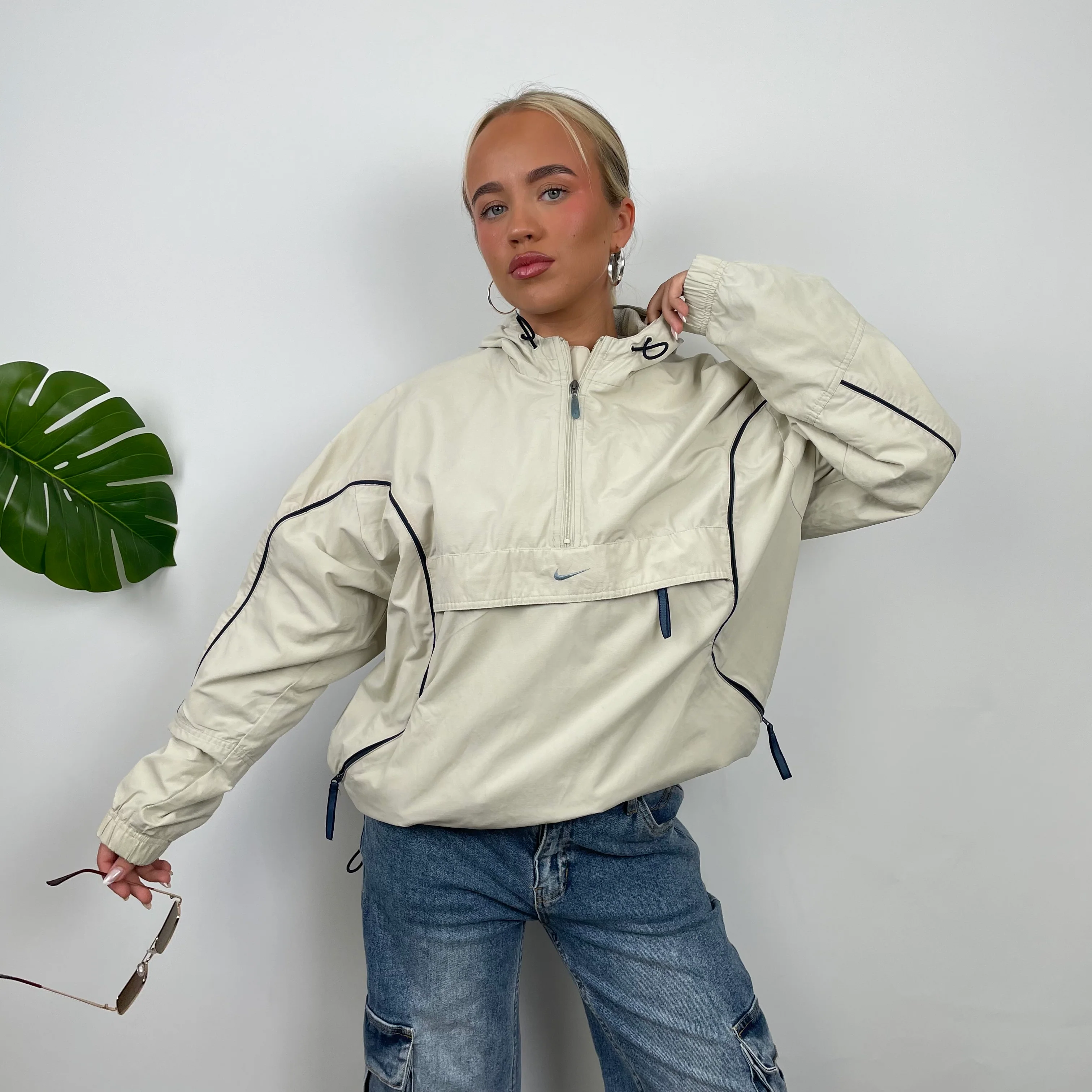 Nike Cream Embroidered Swoosh Quarter Zip Pullover Windbreaker Jacket (S) - Image 11