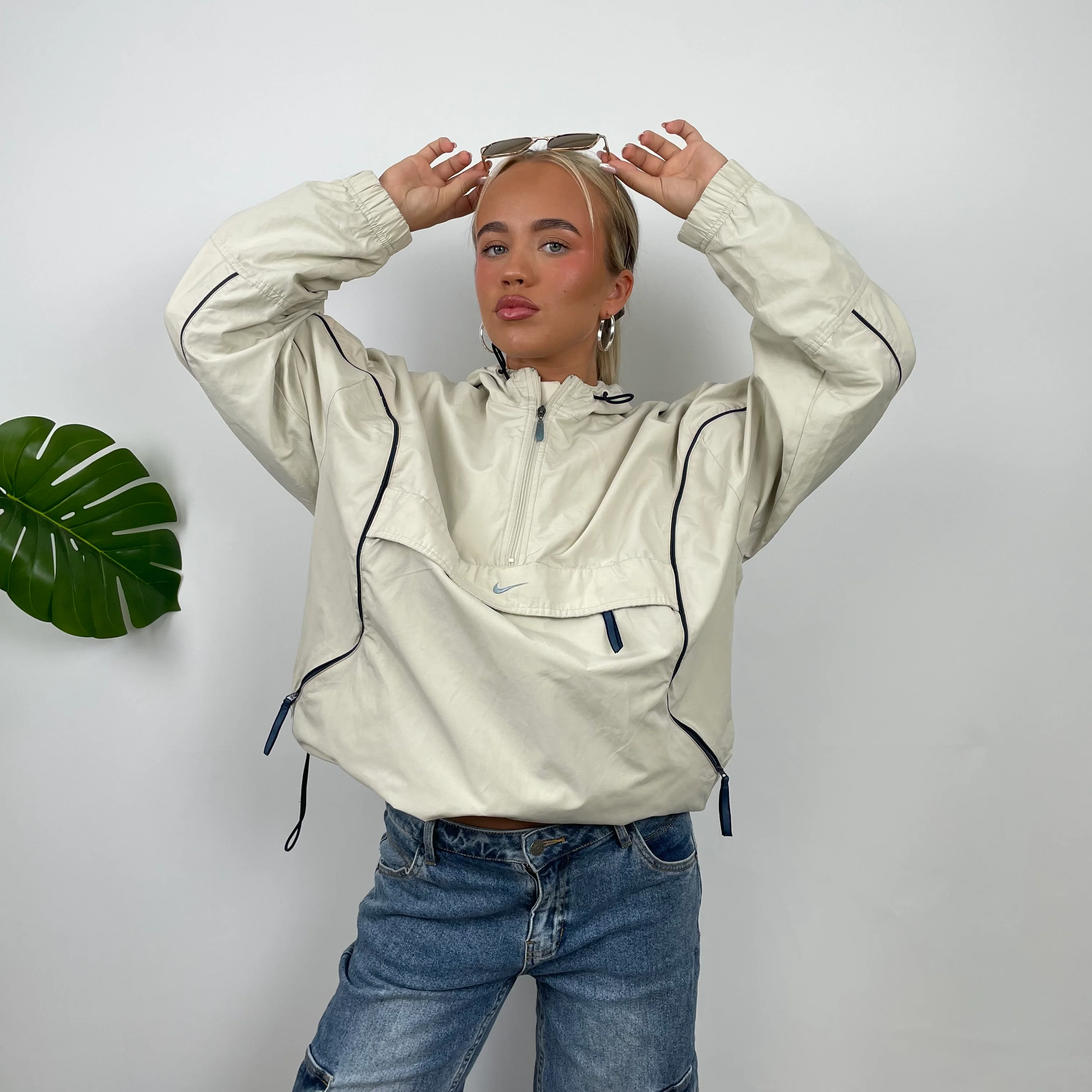 Nike Cream Embroidered Swoosh Quarter Zip Pullover Windbreaker Jacket (S) - Image 13