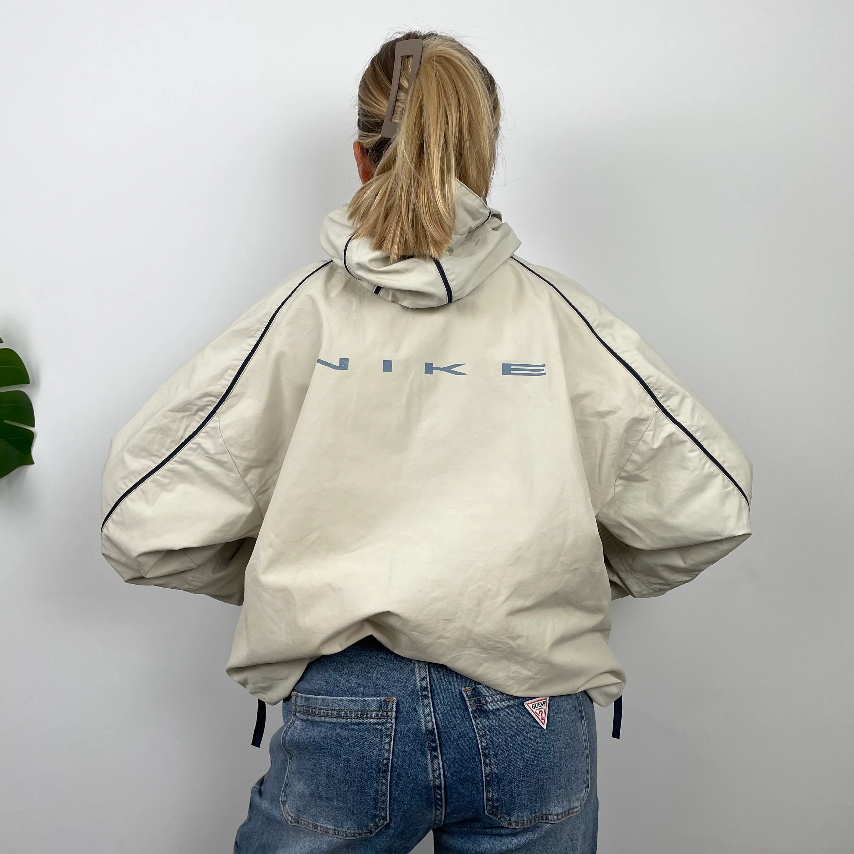 Nike Cream Embroidered Swoosh Quarter Zip Pullover Windbreaker Jacket (S) - Image 16