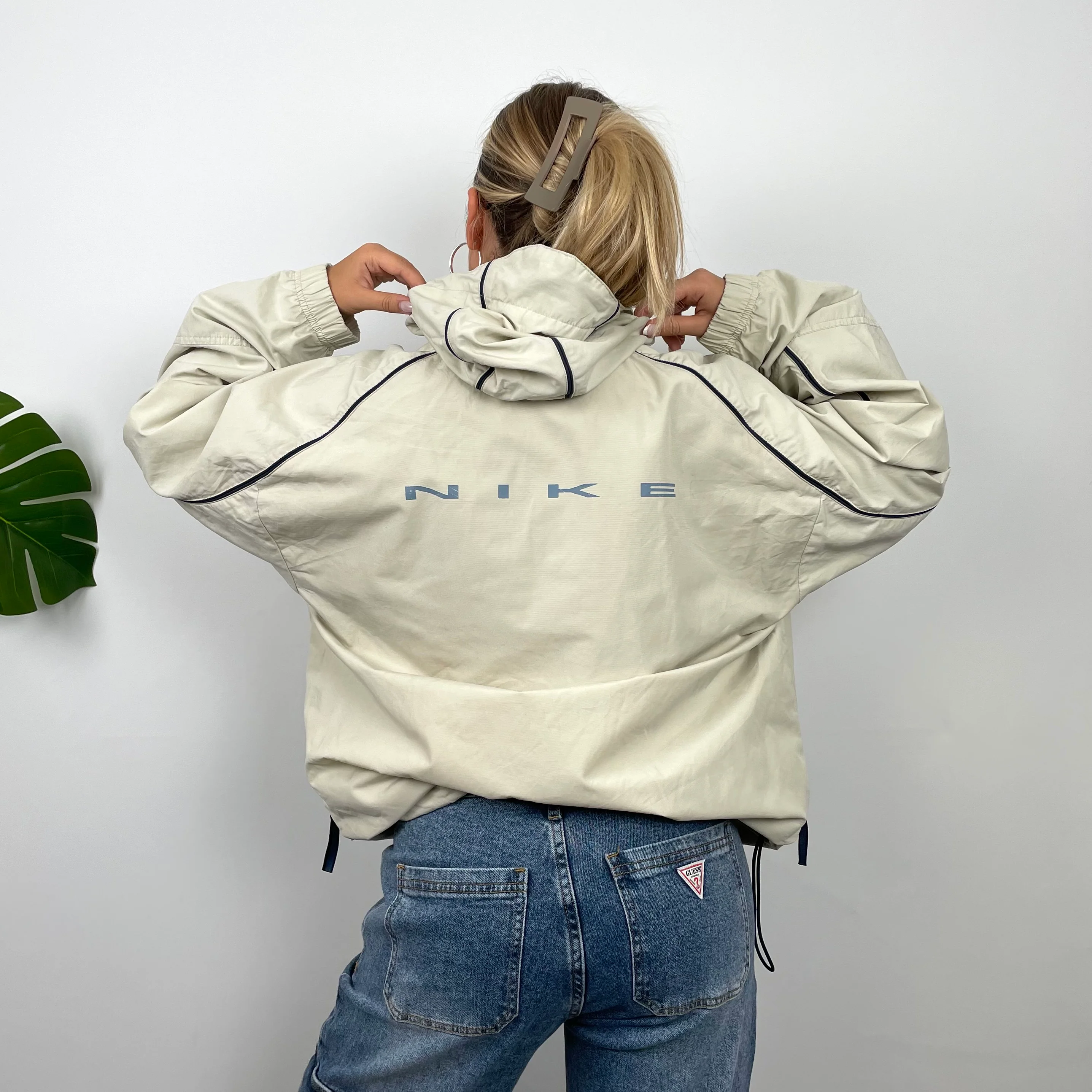 Nike Cream Embroidered Swoosh Quarter Zip Pullover Windbreaker Jacket (S) - Image 2