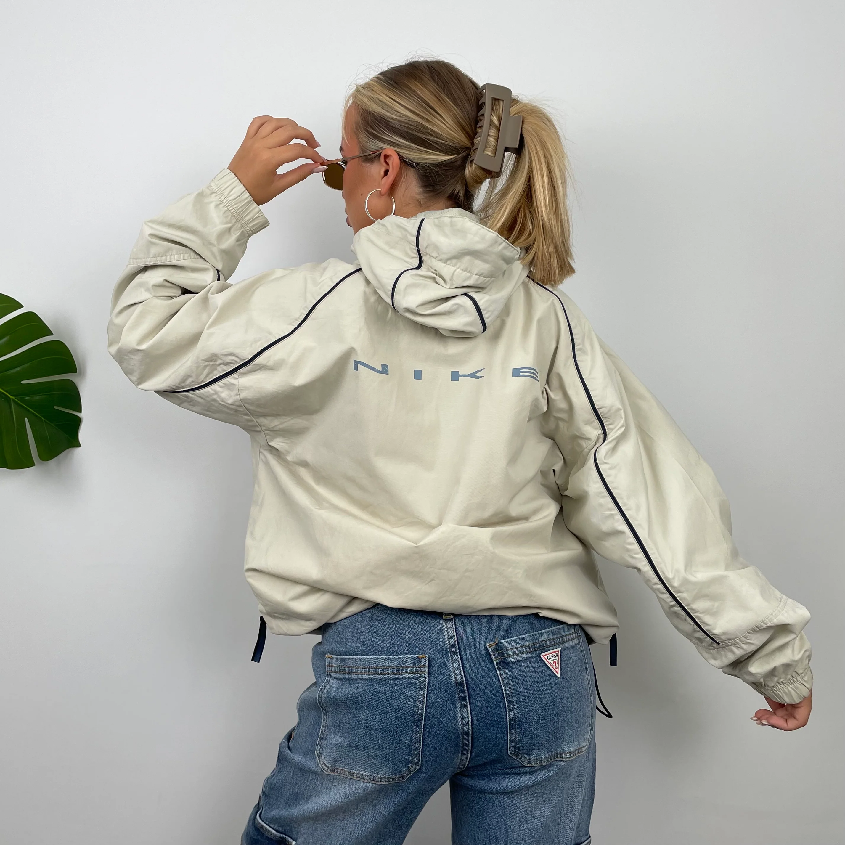 Nike Cream Embroidered Swoosh Quarter Zip Pullover Windbreaker Jacket (S) - Image 5