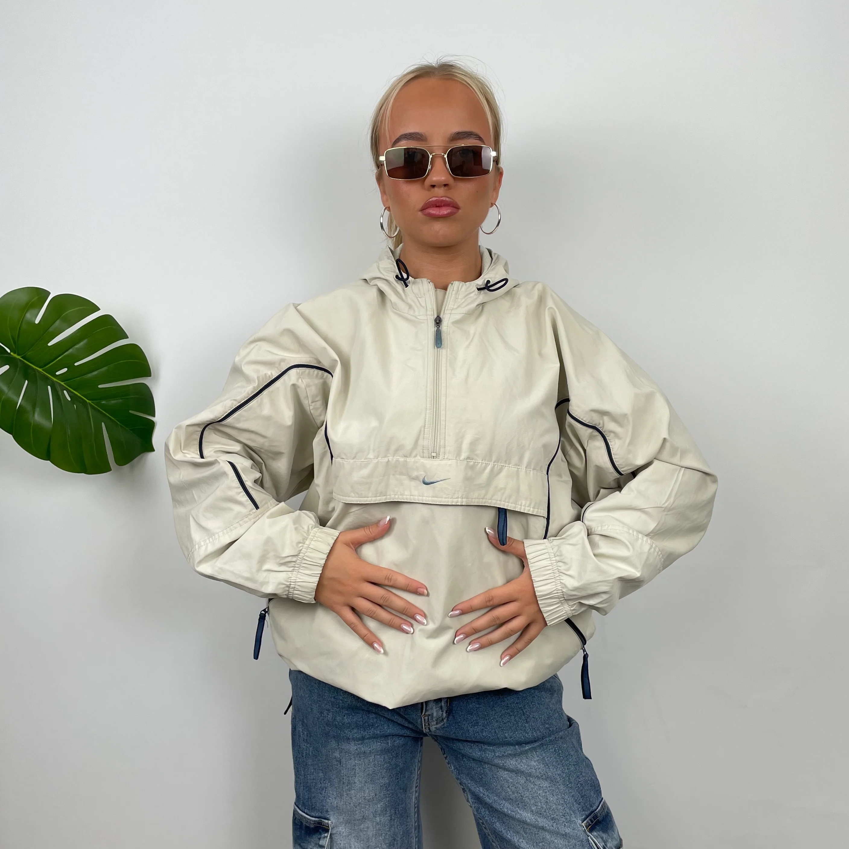 Nike Cream Embroidered Swoosh Quarter Zip Pullover Windbreaker Jacket (S) - Image 8