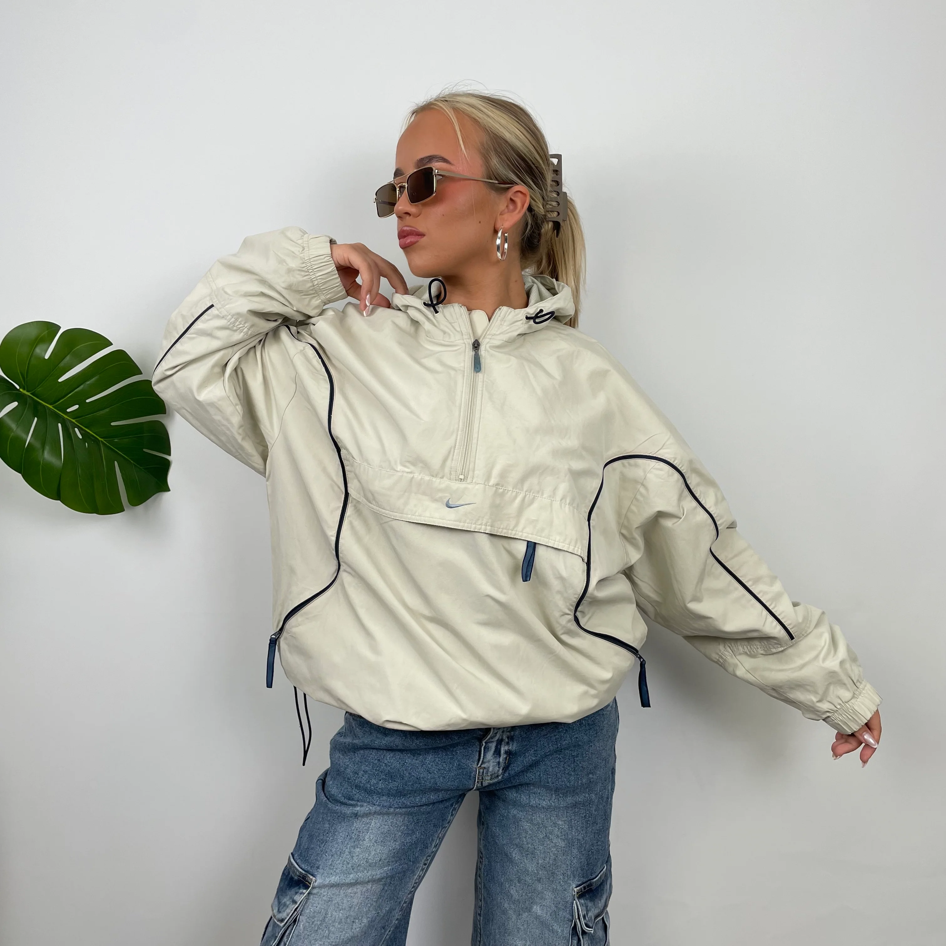 Nike Cream Embroidered Swoosh Quarter Zip Pullover Windbreaker Jacket (S) - Image 9