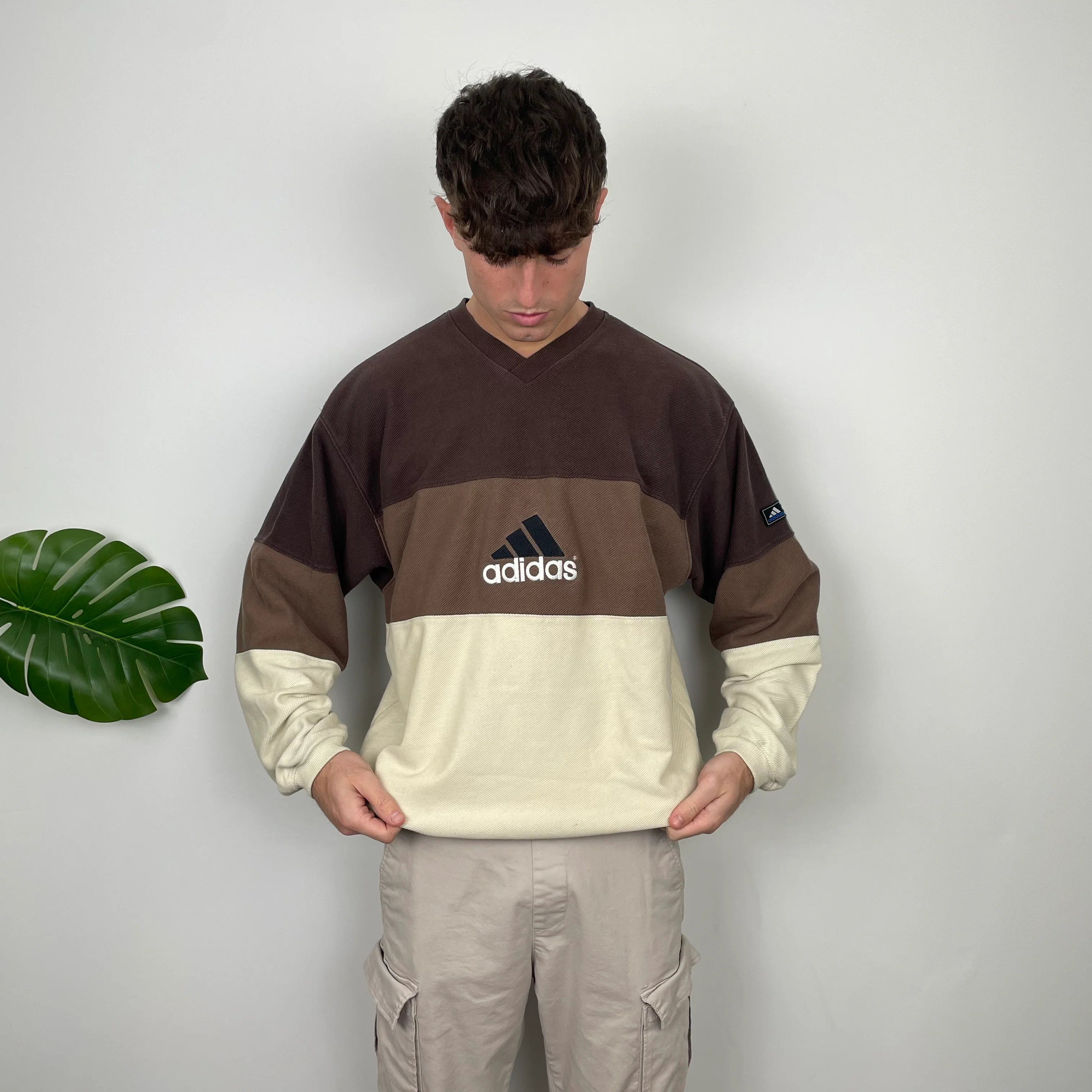 Adidas RARE Cream & Brown Colour Block Embroidered Spell Out Sweatshirt (XL) - Image 2