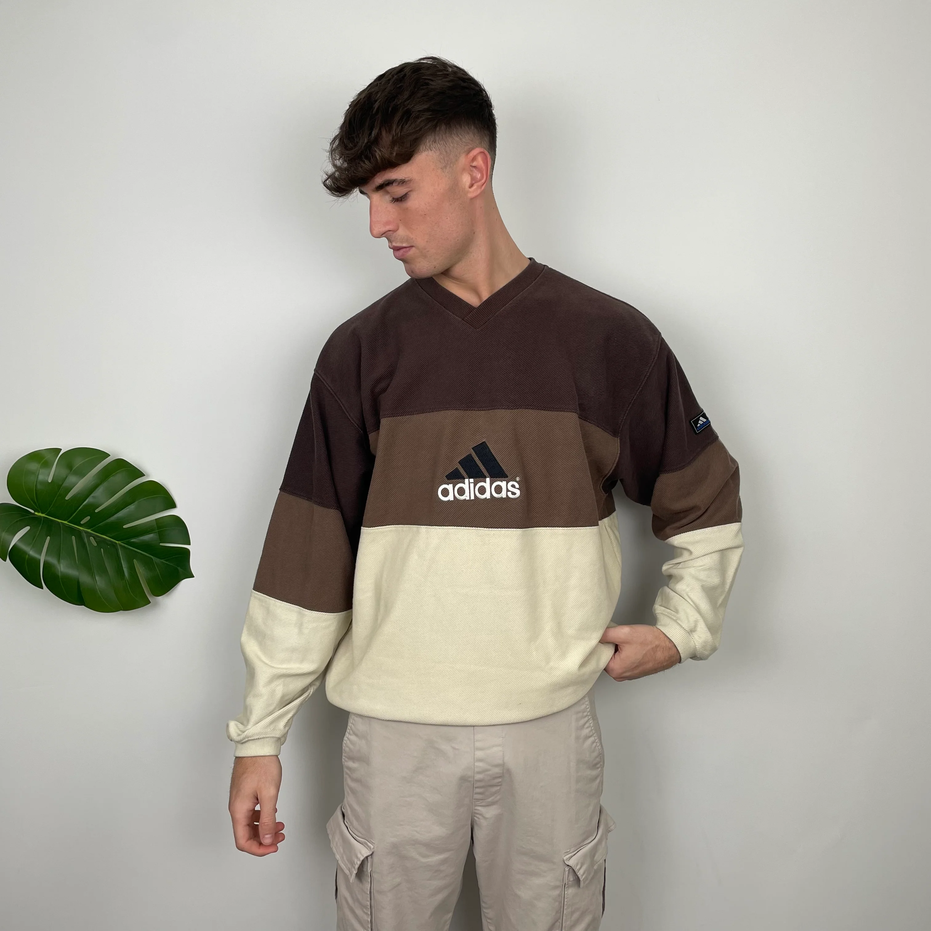 Adidas RARE Cream & Brown Colour Block Embroidered Spell Out Sweatshirt (XL) - Image 3