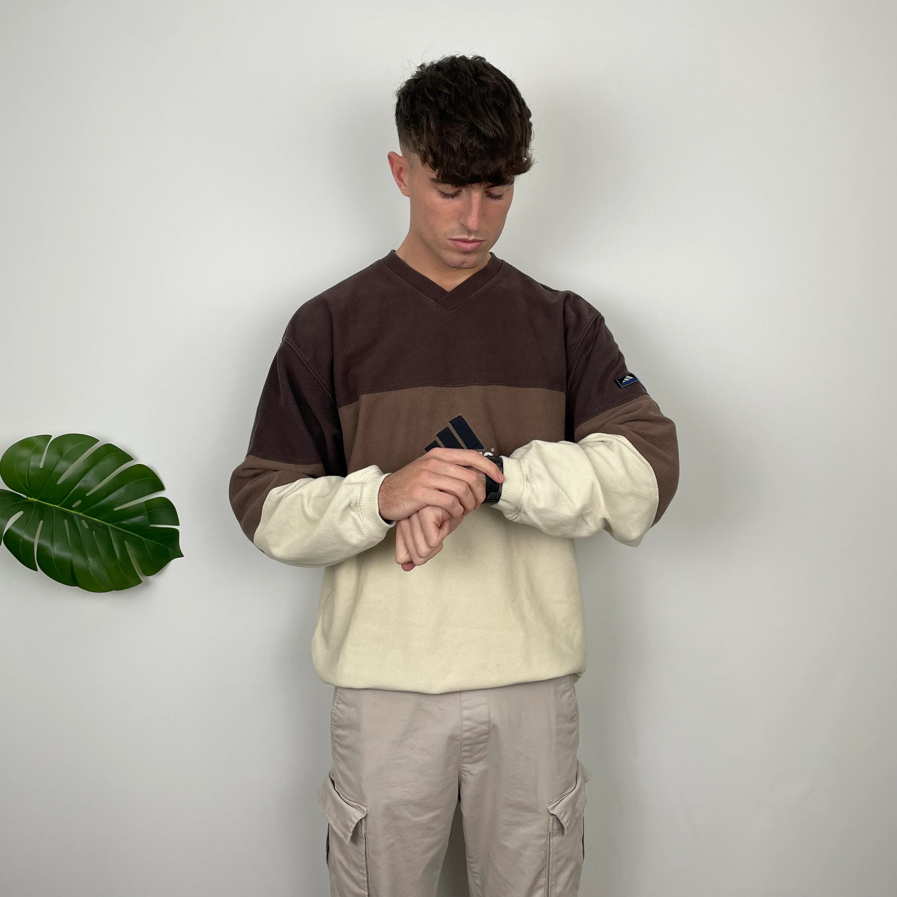 Adidas RARE Cream & Brown Colour Block Embroidered Spell Out Sweatshirt (XL) - Image 4