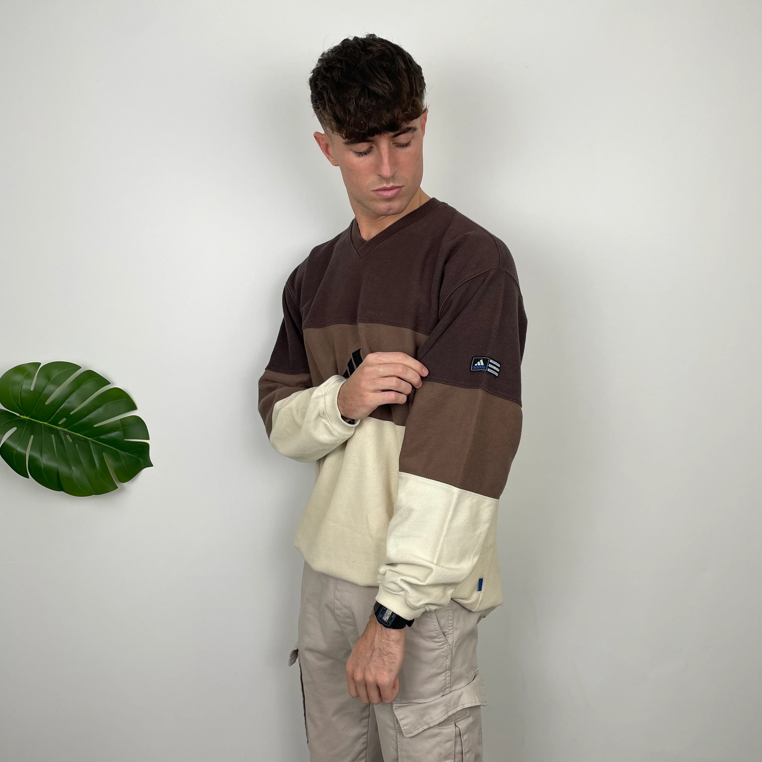 Adidas RARE Cream & Brown Colour Block Embroidered Spell Out Sweatshirt (XL) - Image 5