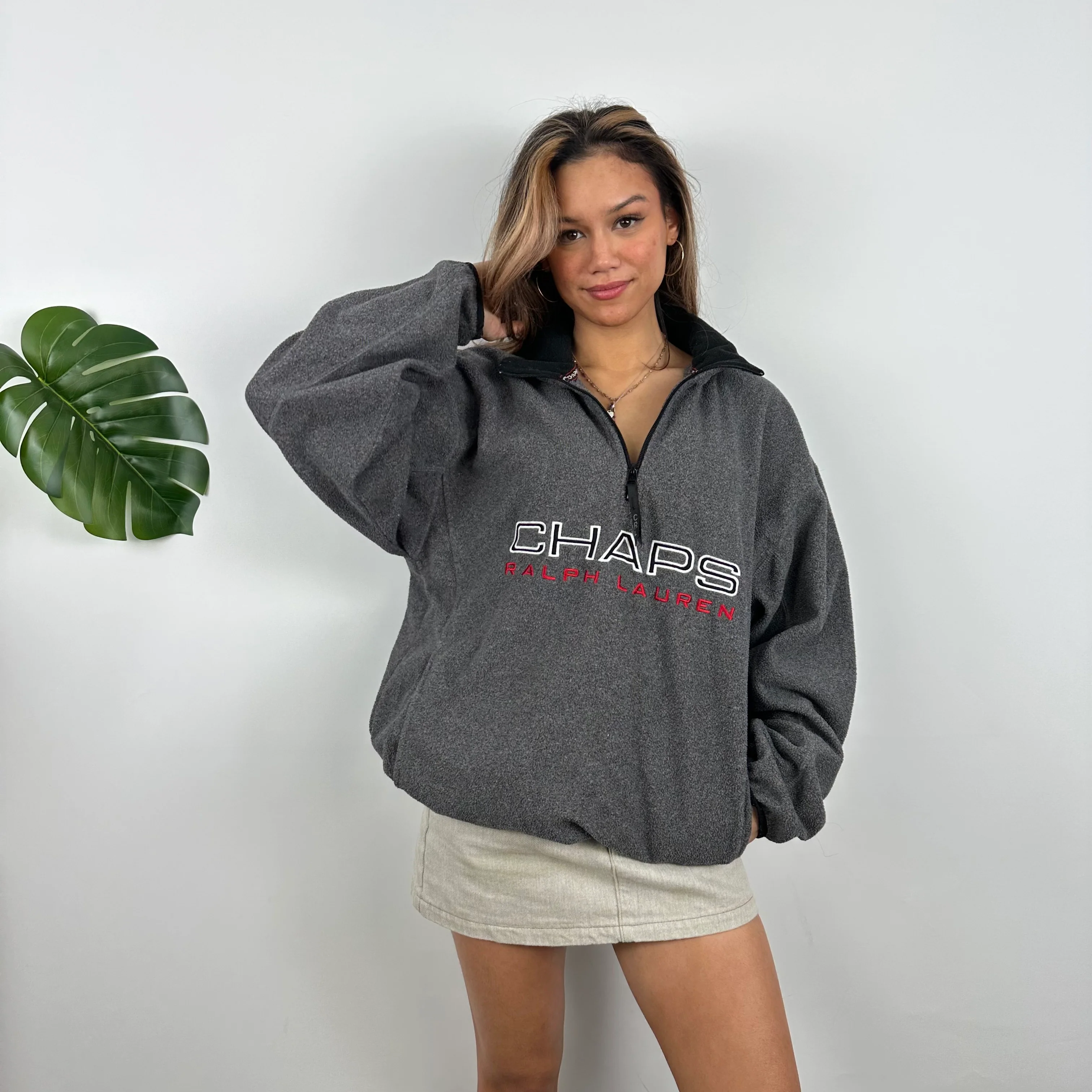 Chaps Ralph Lauren Grey Embroidered Spell Out Teddy Bear Fleece Quarter Zip Sweatshirt (L)