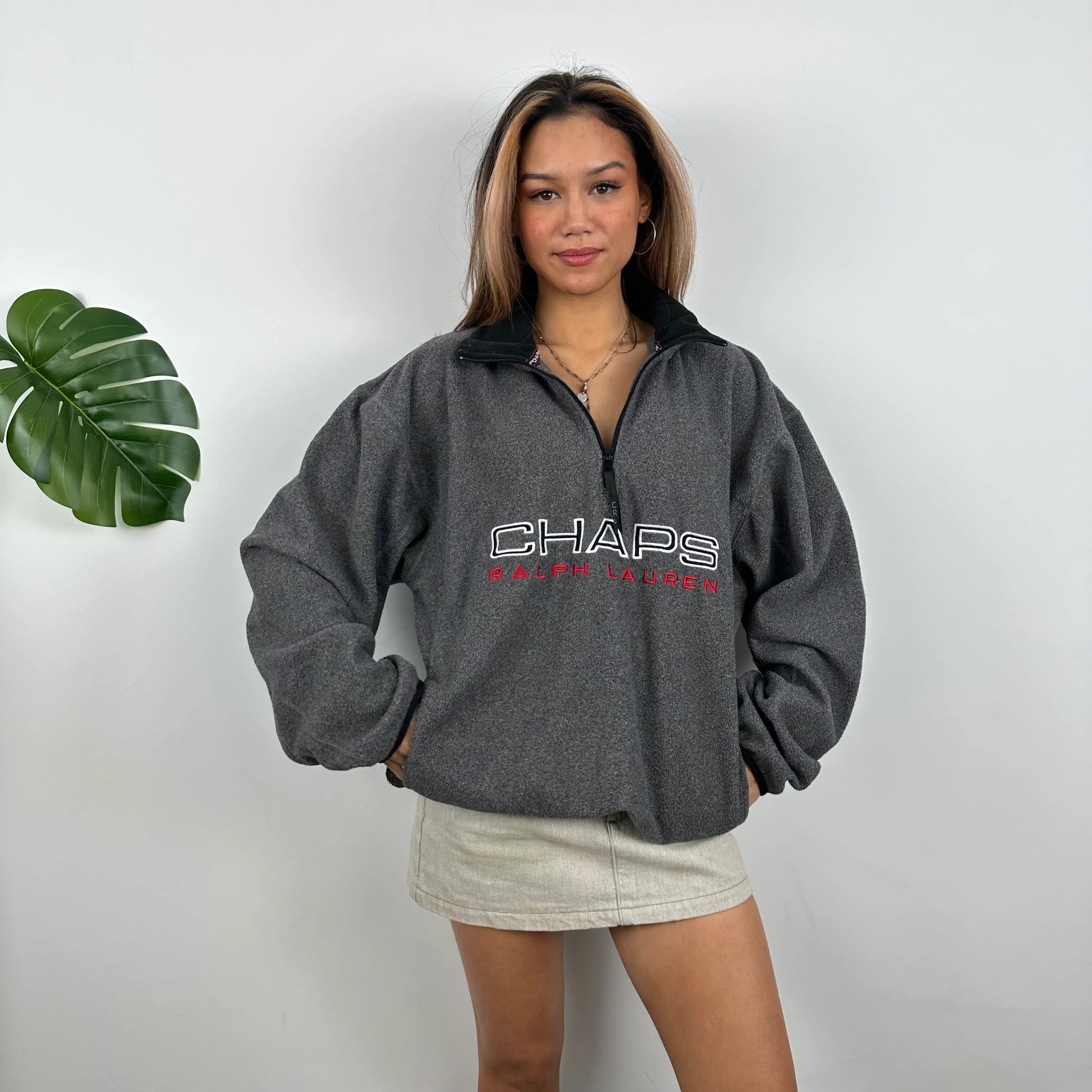 Chaps Ralph Lauren Grey Embroidered Spell Out Teddy Bear Fleece Quarter Zip Sweatshirt (L) - Image 5