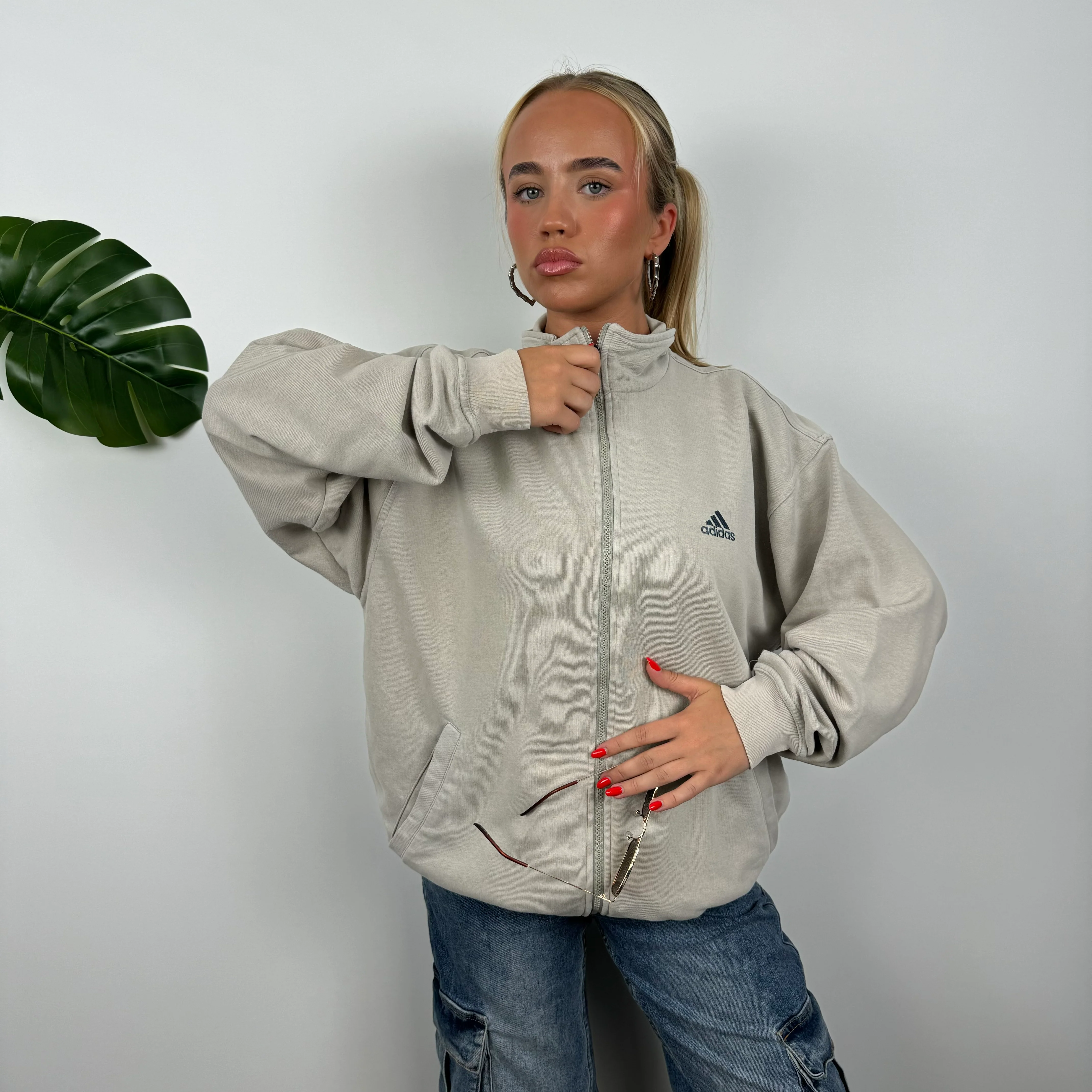 Adidas Cream Beige Embroidered Spell Out Zip Up Jacket (L) - Image 2