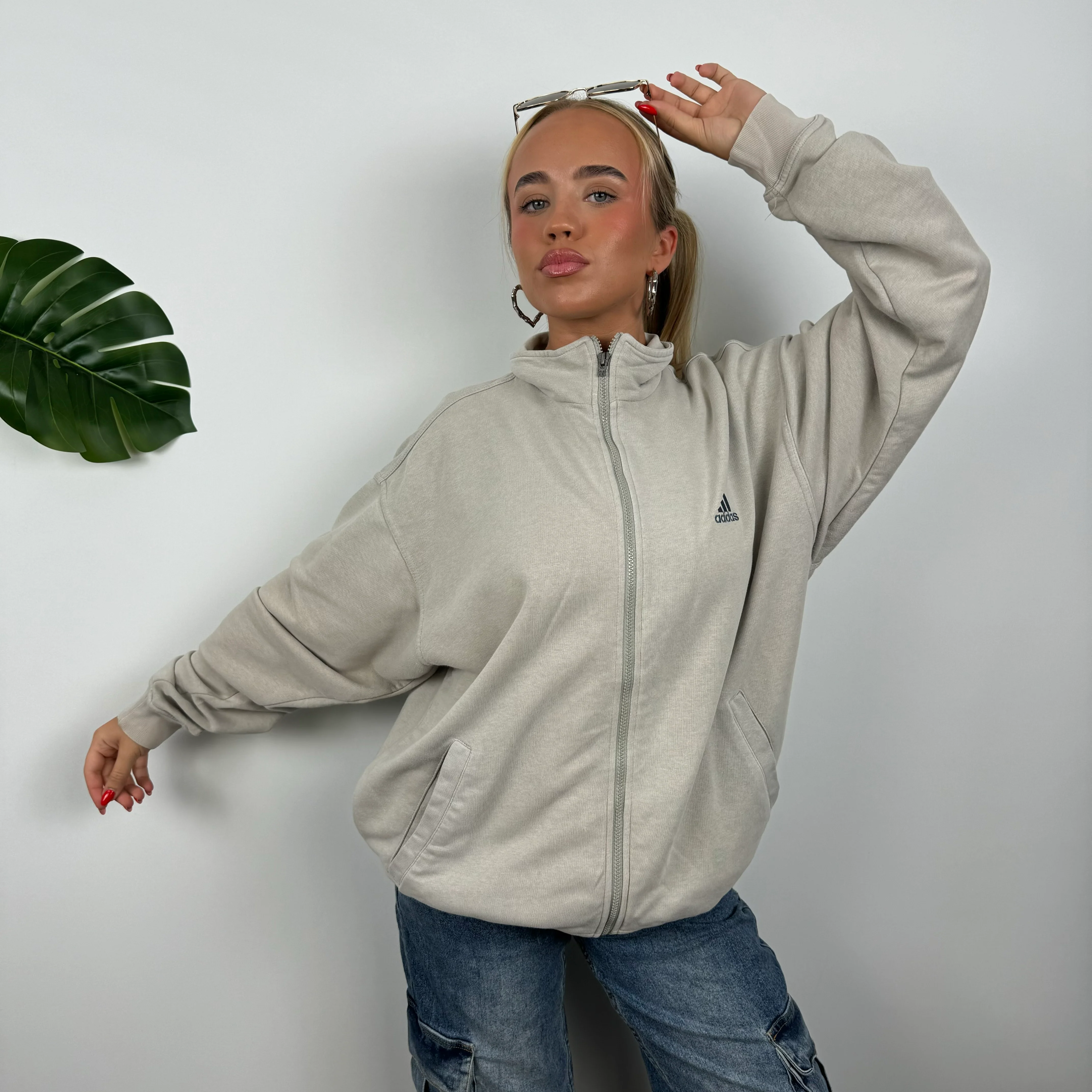Adidas Cream Beige Embroidered Spell Out Zip Up Jacket (L) - Image 4