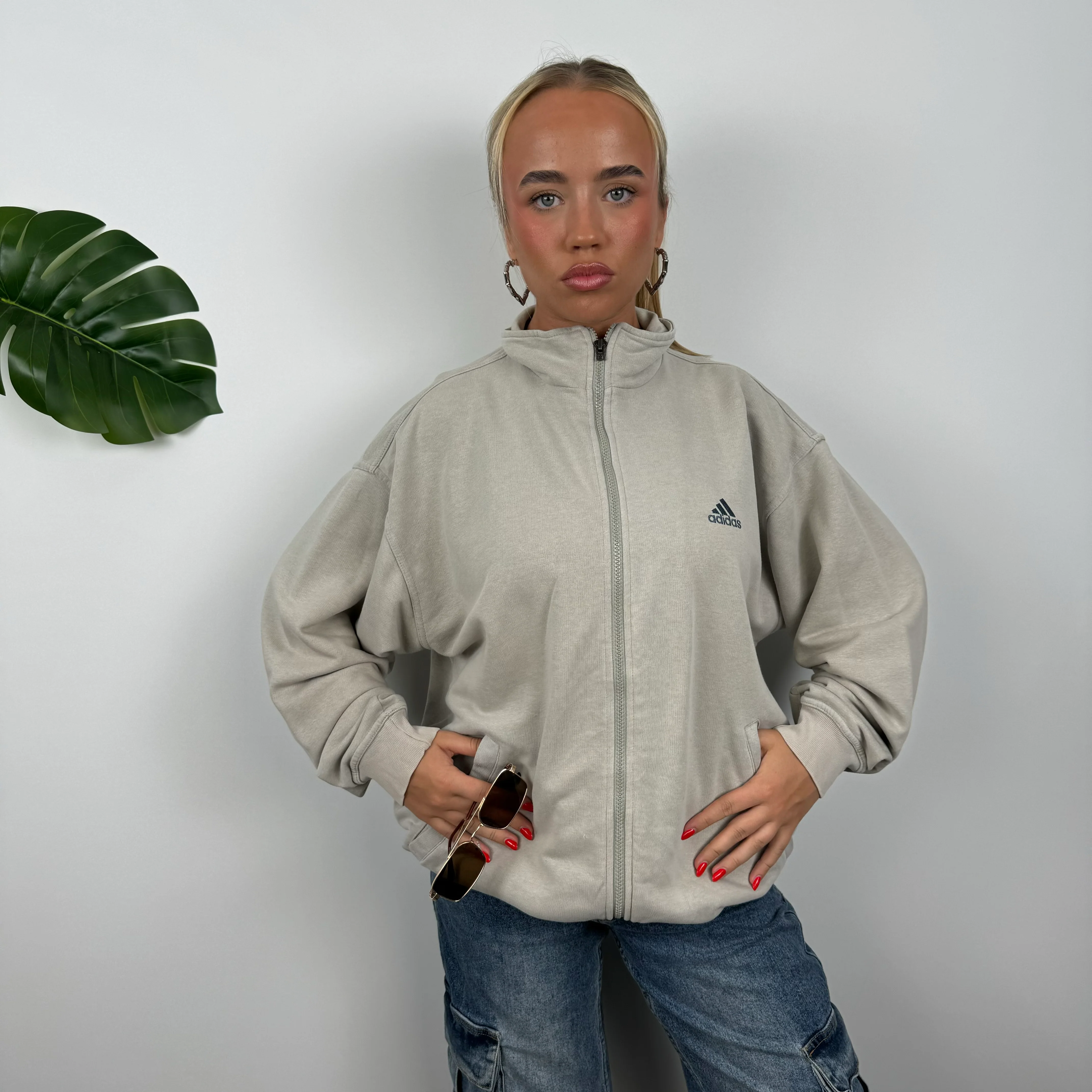 Adidas Cream Beige Embroidered Spell Out Zip Up Jacket (L) - Image 5
