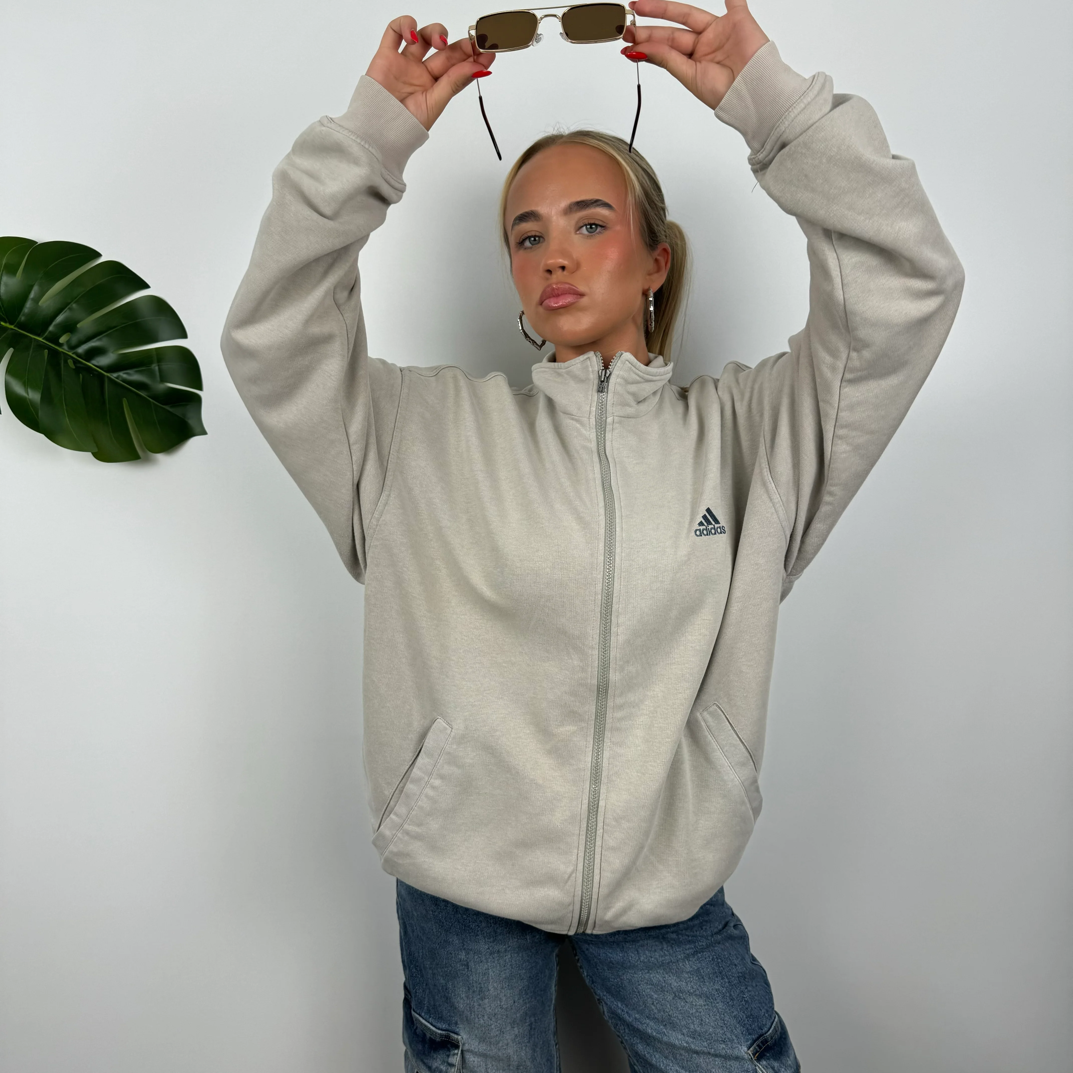 Adidas Cream Beige Embroidered Spell Out Zip Up Jacket (L) - Image 7