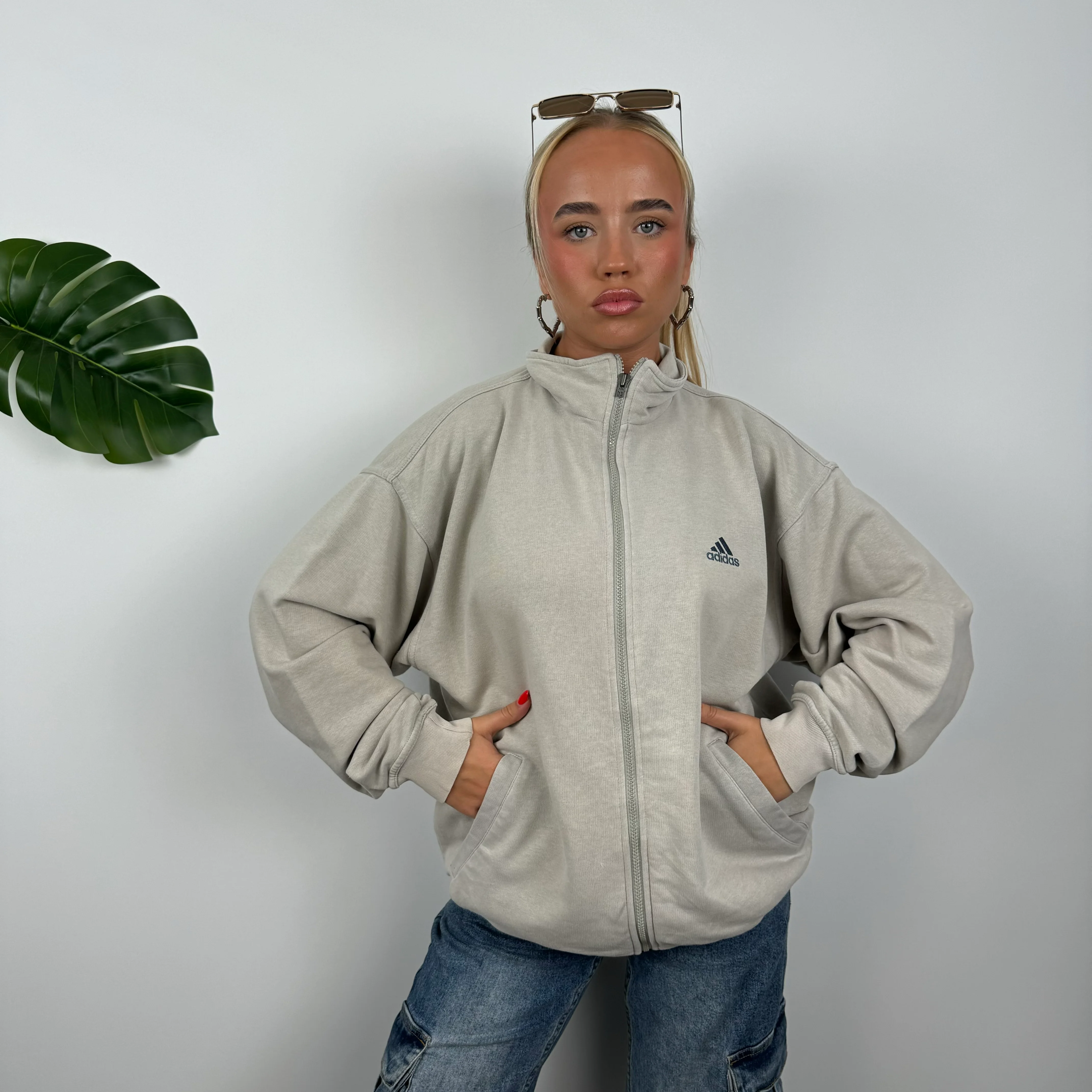 Adidas Cream Beige Embroidered Spell Out Zip Up Jacket (L) - Image 9