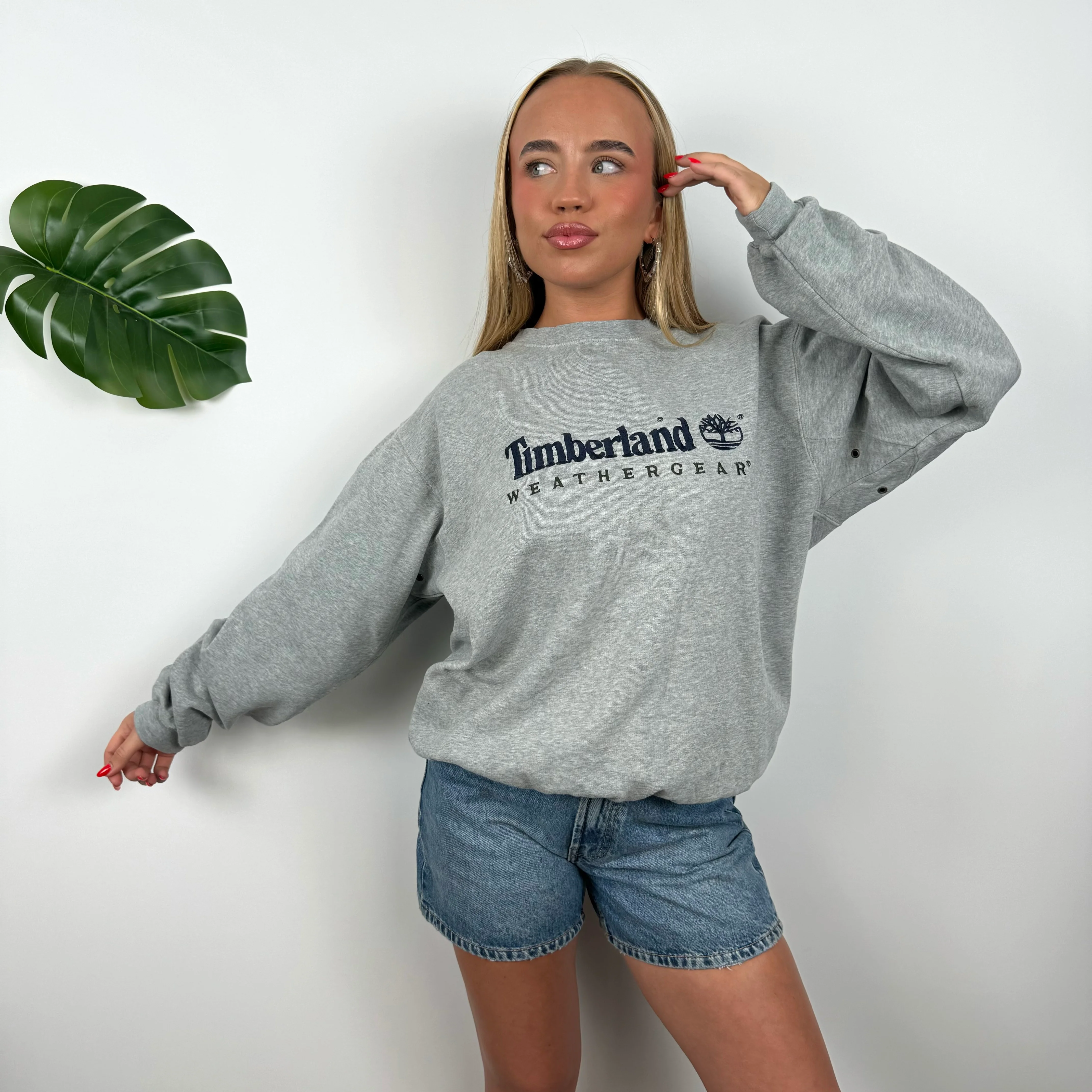 Timberland RARE Grey Embroidered Spell Out Sweatshirt (M) - Image 2