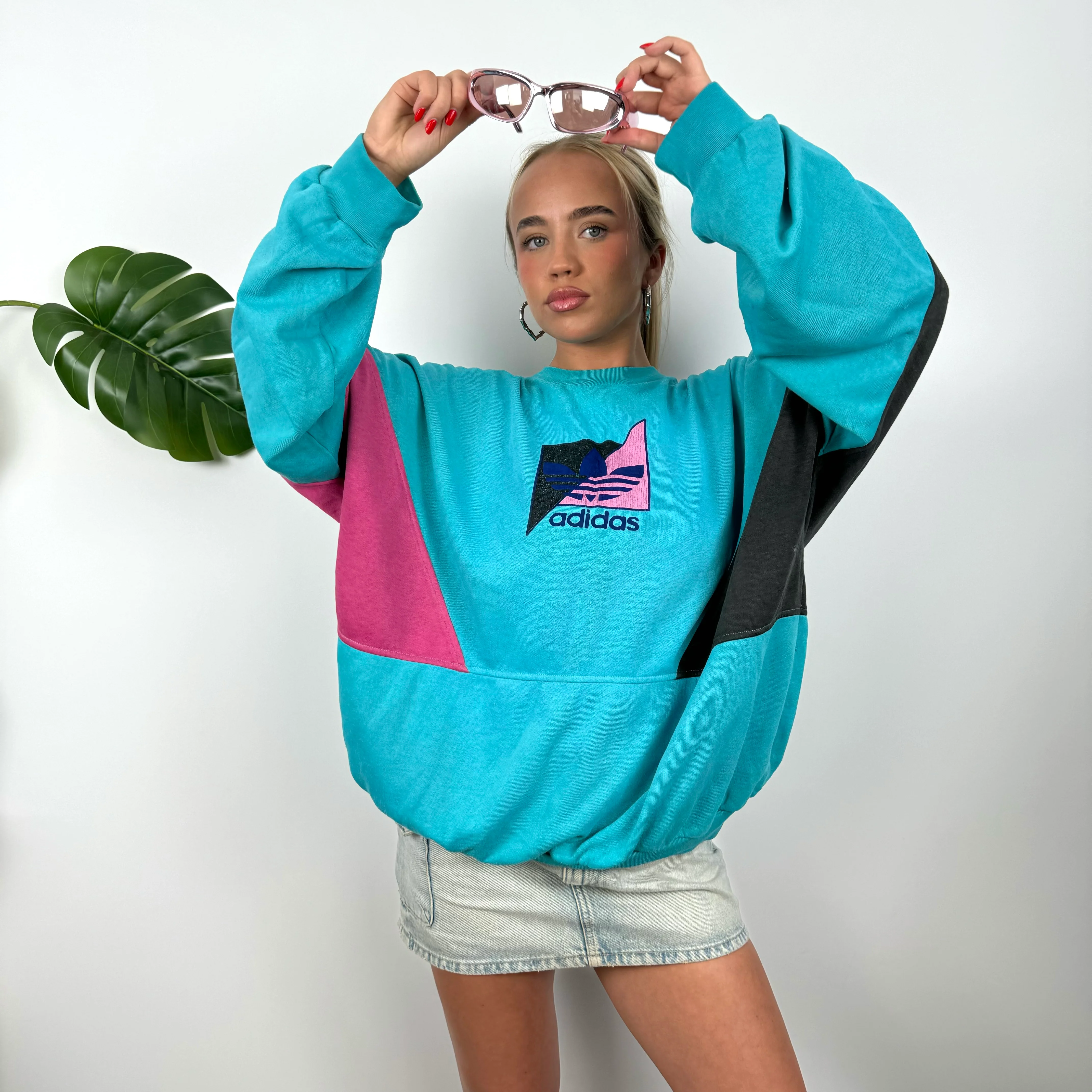 Adidas RARE Turquoise Colour Block Spell Out Sweatshirt (L) - Image 3