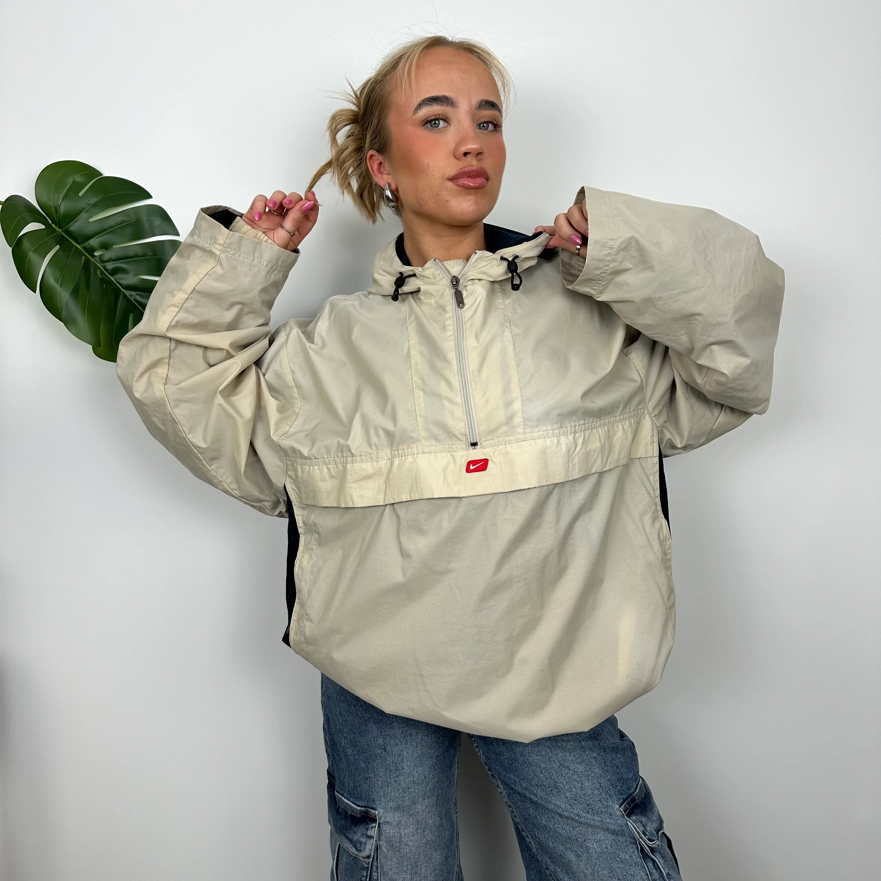 Nike Cream Embroidered Swoosh Quarter Zip Pullover Windbreaker Jacket (L) - Image 2