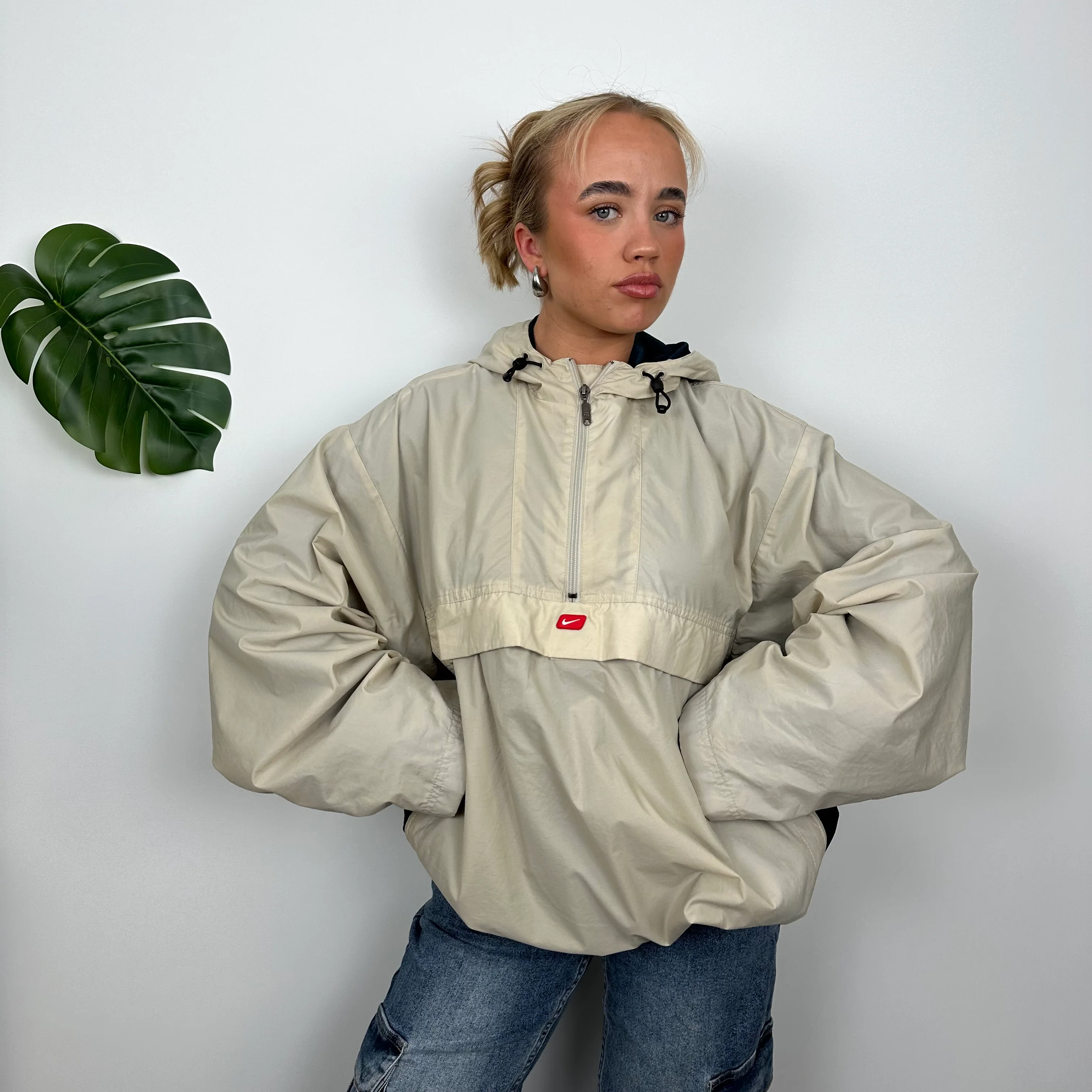 Nike Cream Embroidered Swoosh Quarter Zip Pullover Windbreaker Jacket (L) - Image 3