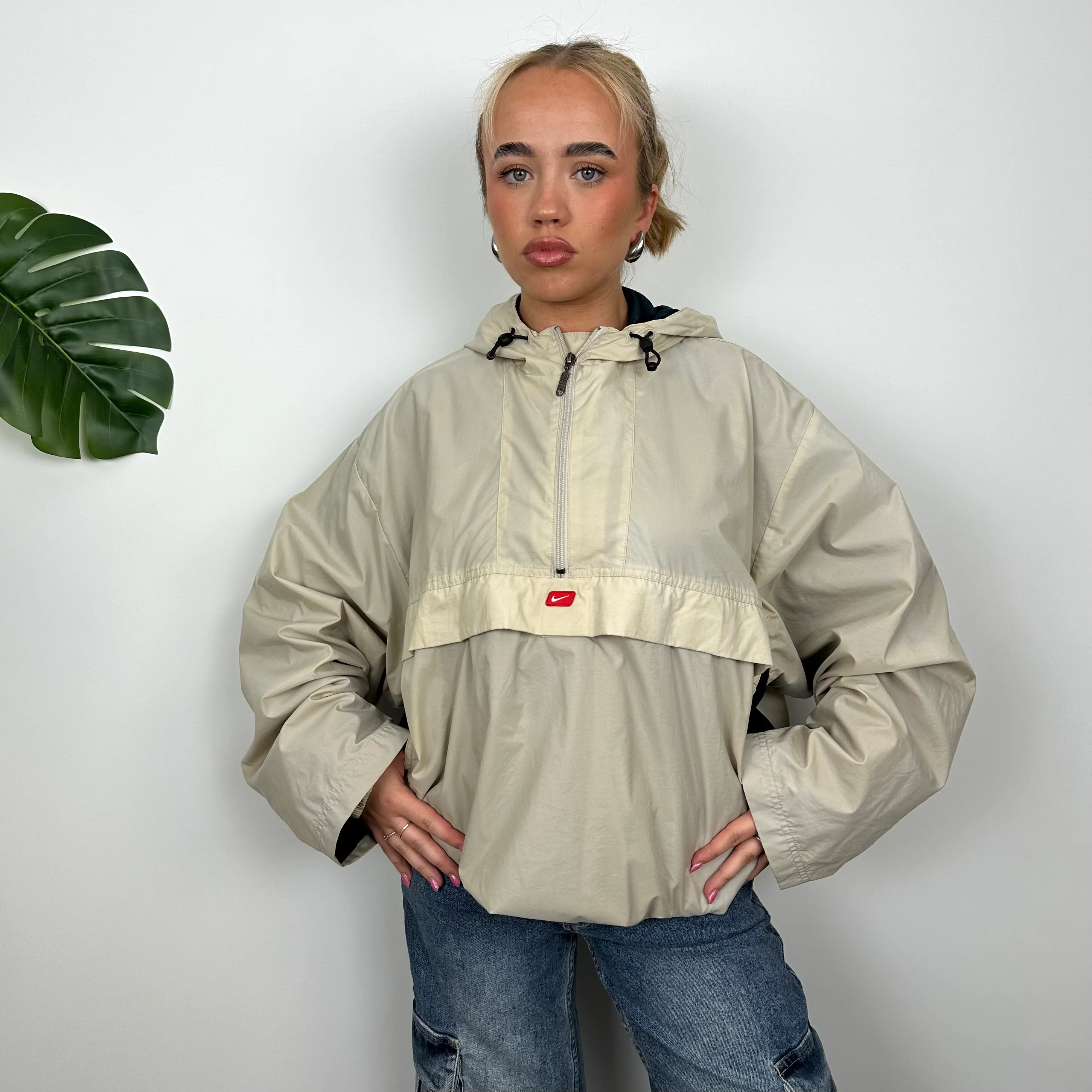 Nike Cream Embroidered Swoosh Quarter Zip Pullover Windbreaker Jacket (L) - Image 6