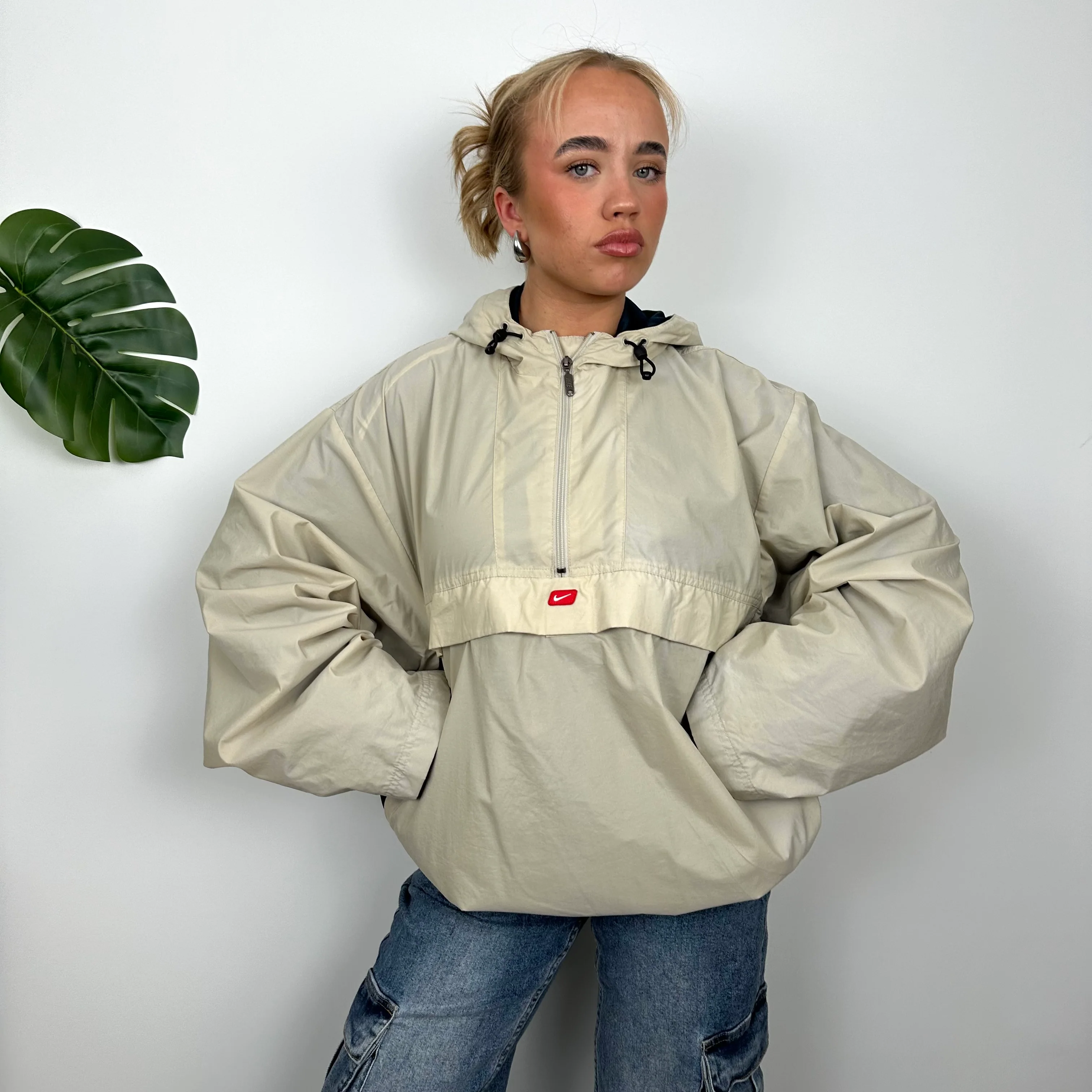 Nike Cream Embroidered Swoosh Quarter Zip Pullover Windbreaker Jacket (L) - Image 7