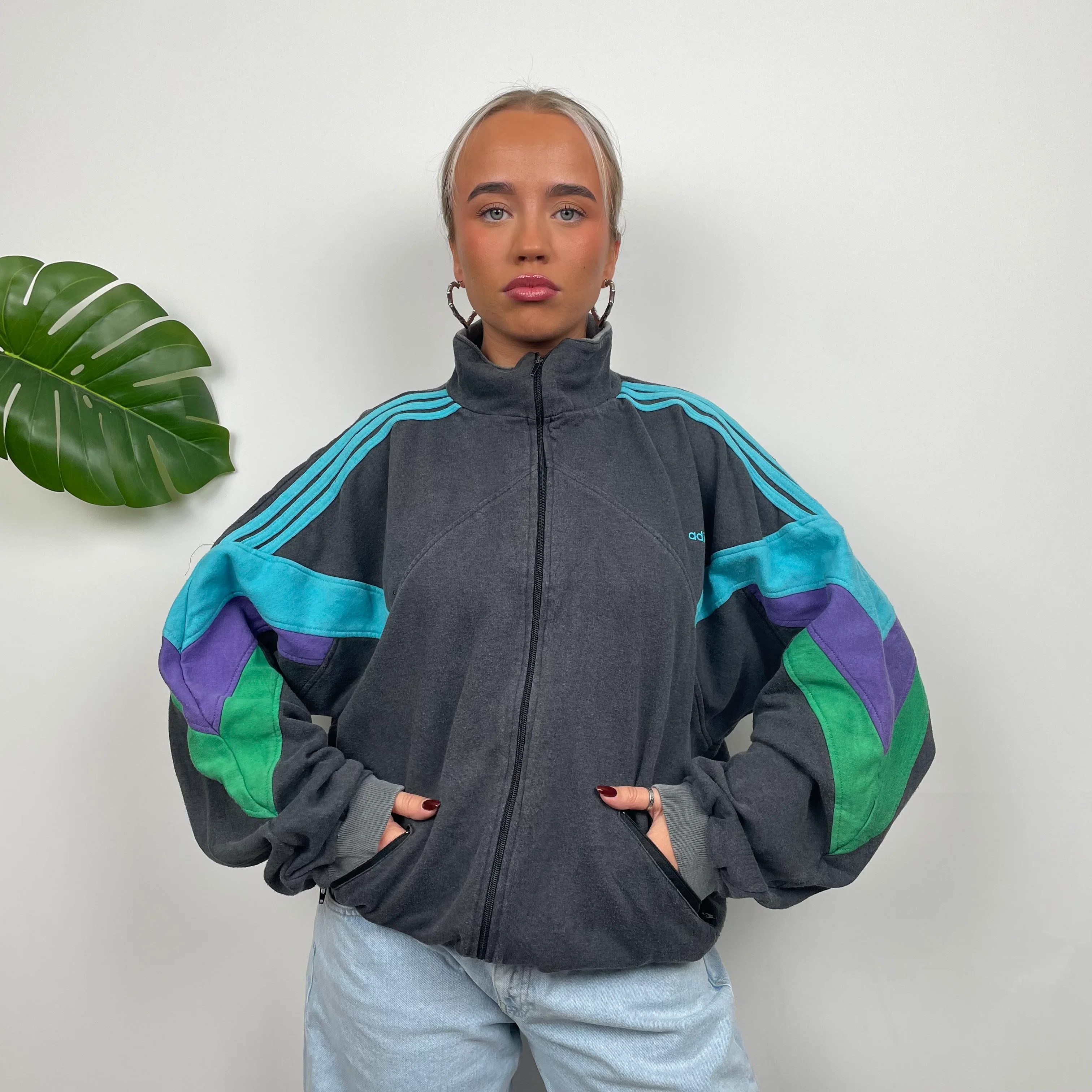 Adidas Grey Colour Block Sweatshirt Style Zip Up Jacket (L) - Image 2