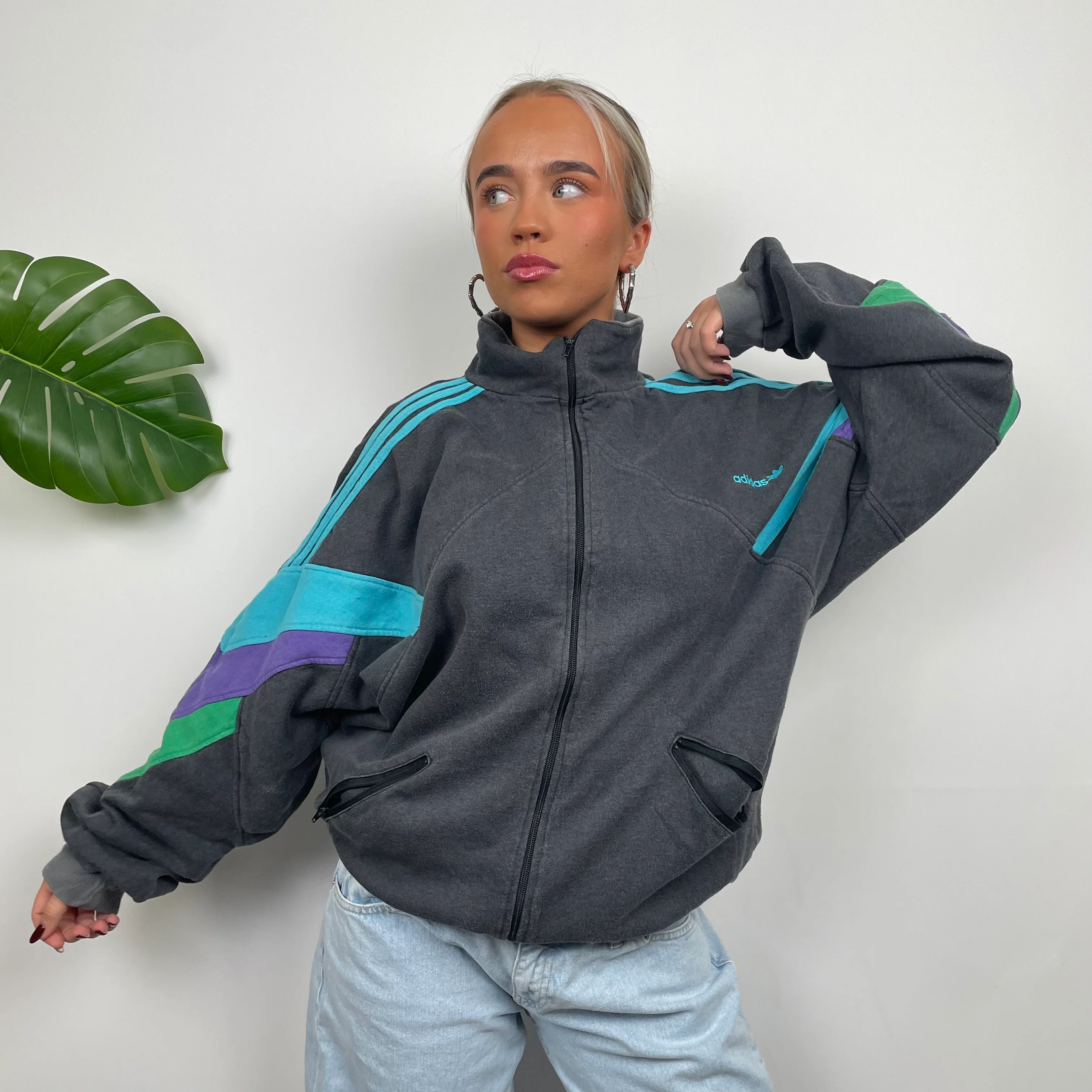 Adidas Grey Colour Block Sweatshirt Style Zip Up Jacket (L) - Image 3
