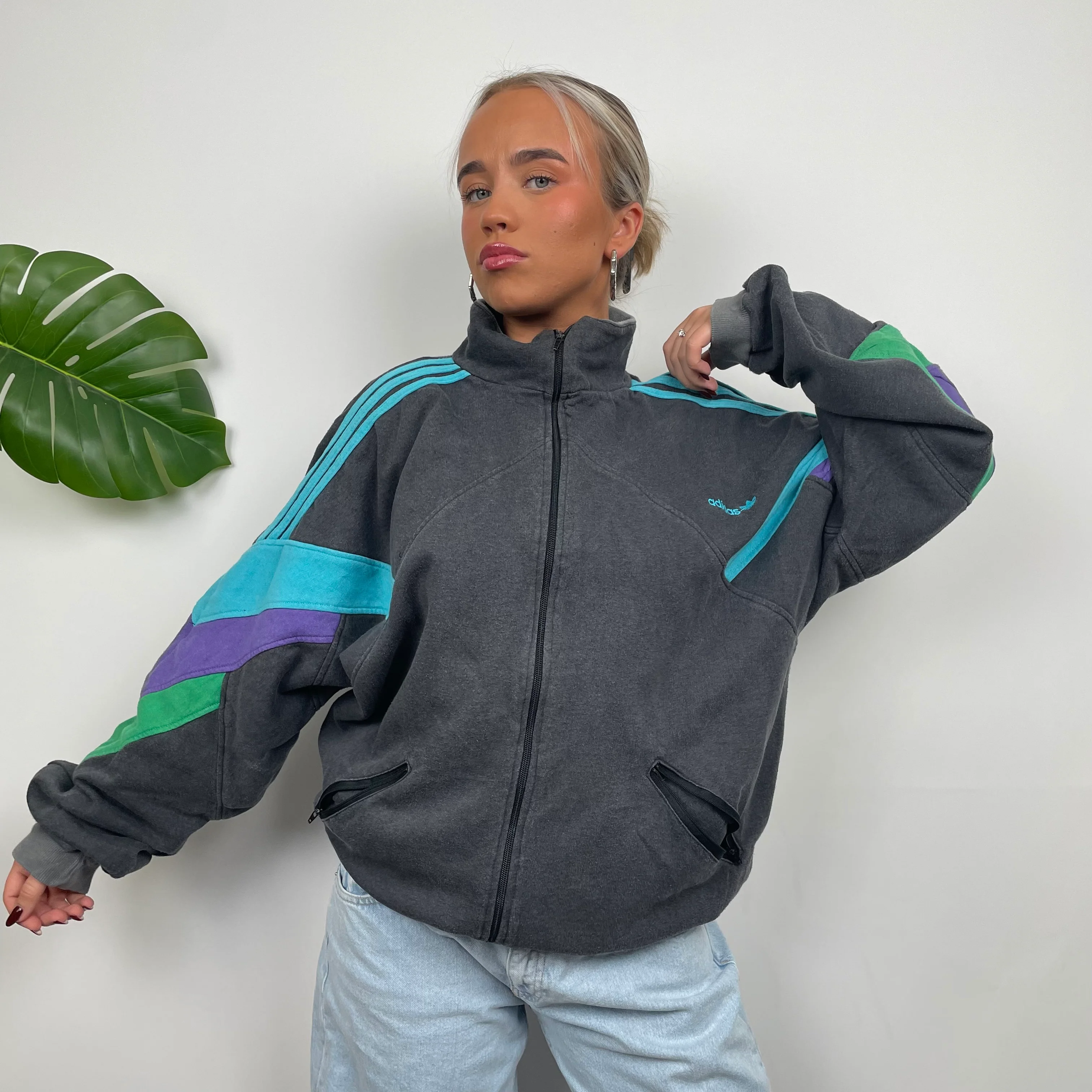 Adidas Grey Colour Block Sweatshirt Style Zip Up Jacket (L) - Image 4