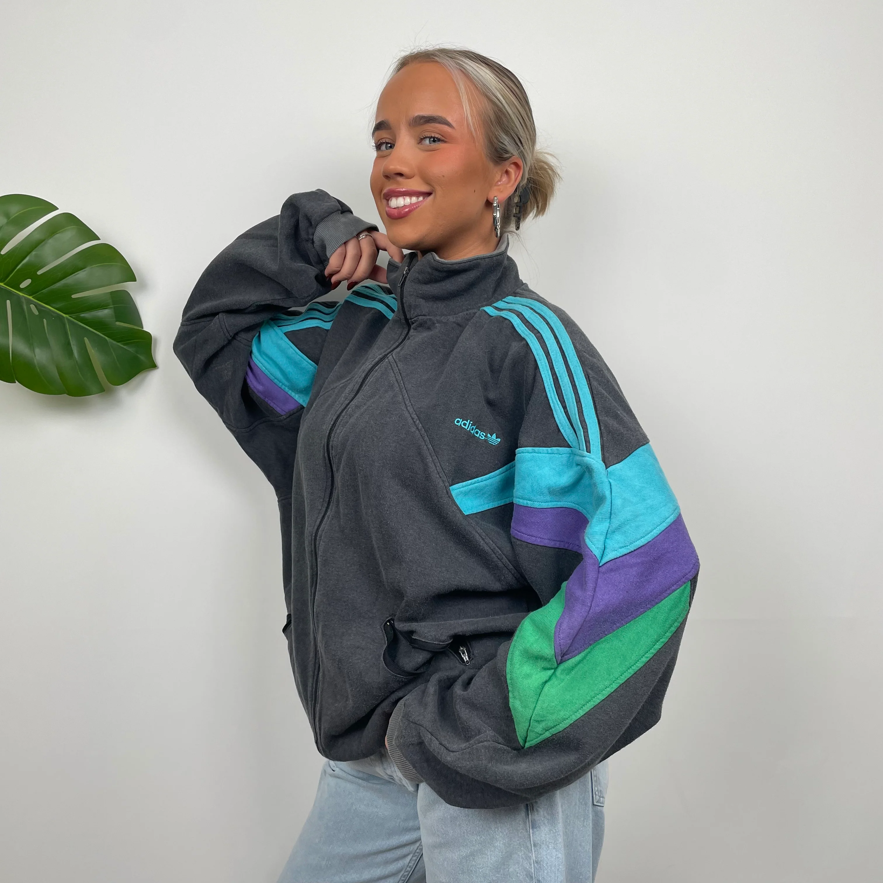 Adidas Grey Colour Block Sweatshirt Style Zip Up Jacket (L) - Image 5
