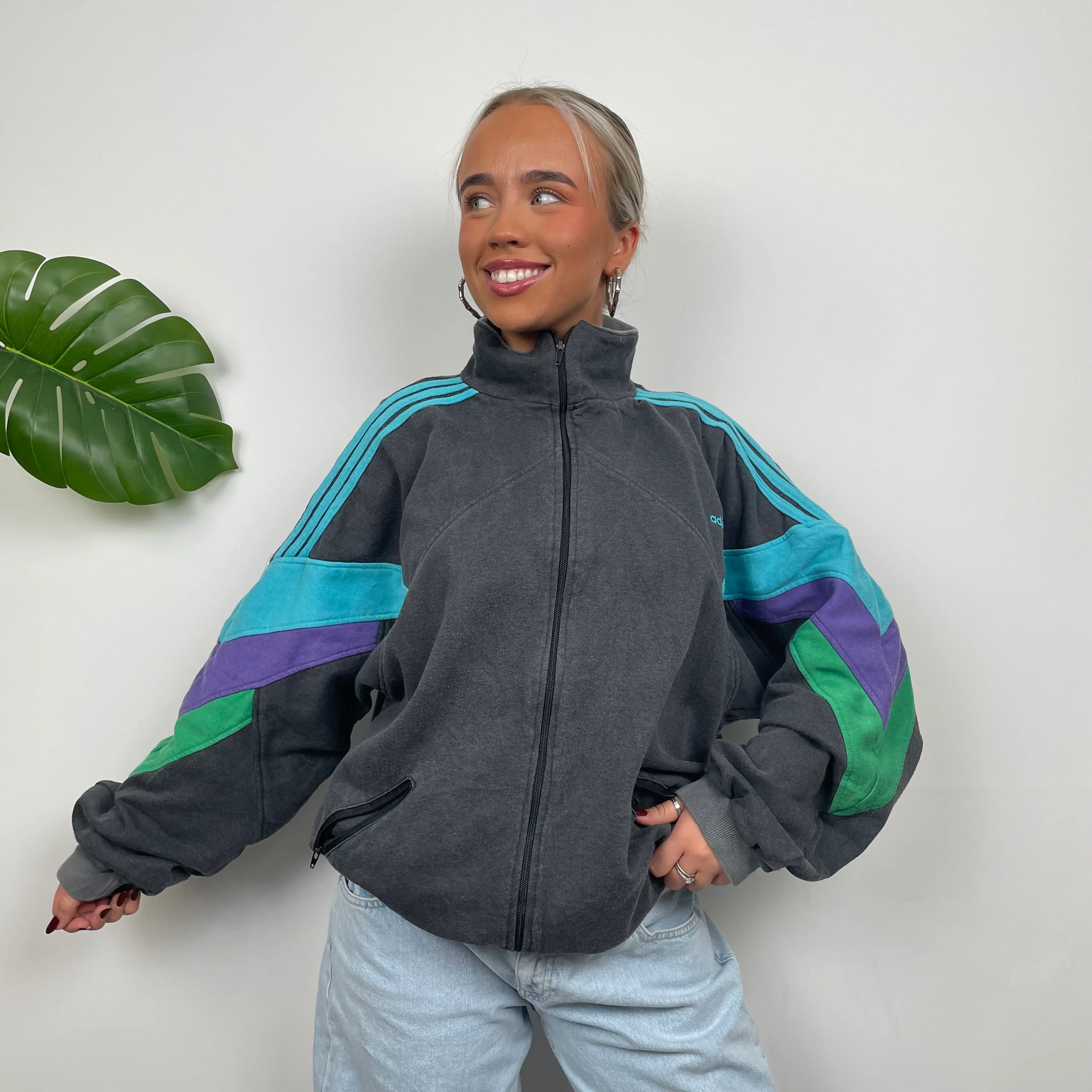 Adidas Grey Colour Block Sweatshirt Style Zip Up Jacket (L) - Image 7
