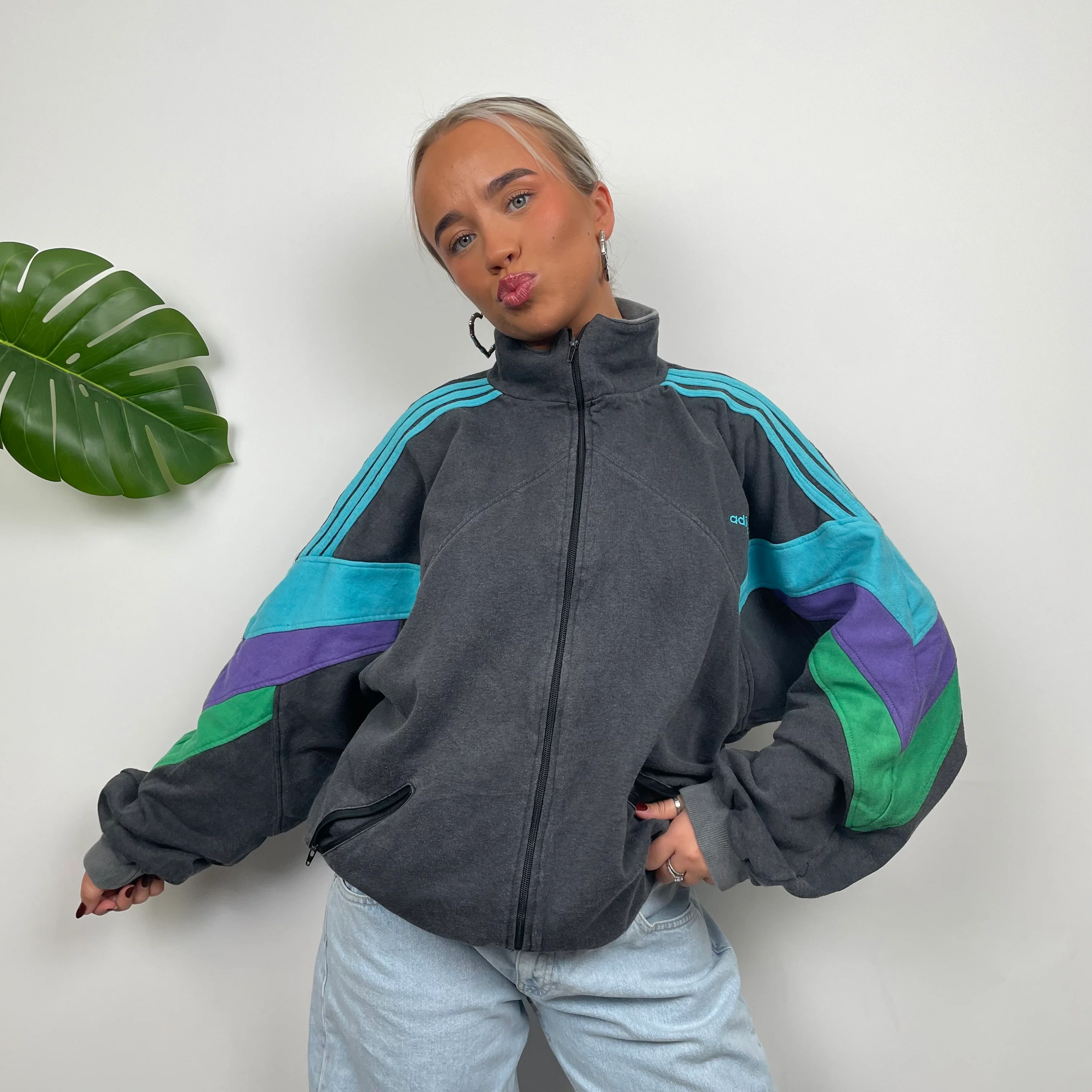 Adidas Grey Colour Block Sweatshirt Style Zip Up Jacket (L) - Image 9