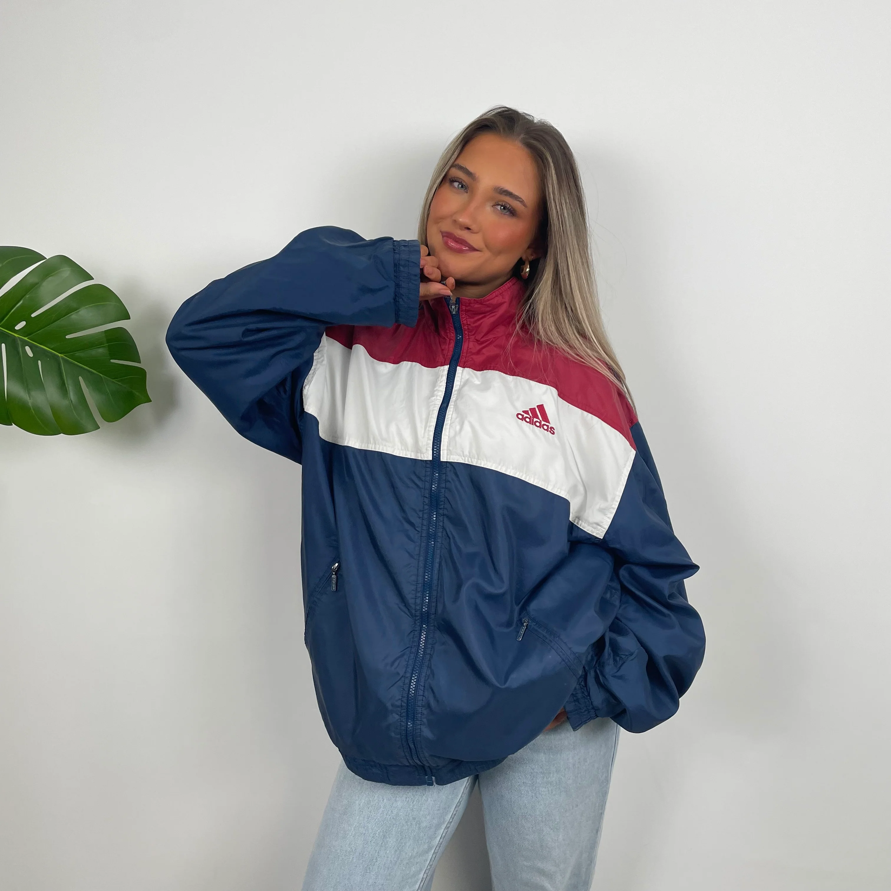 Adidas Navy & Red Colour Block Embroidered Spell Out Windbreaker Jacket (XL) - Image 3