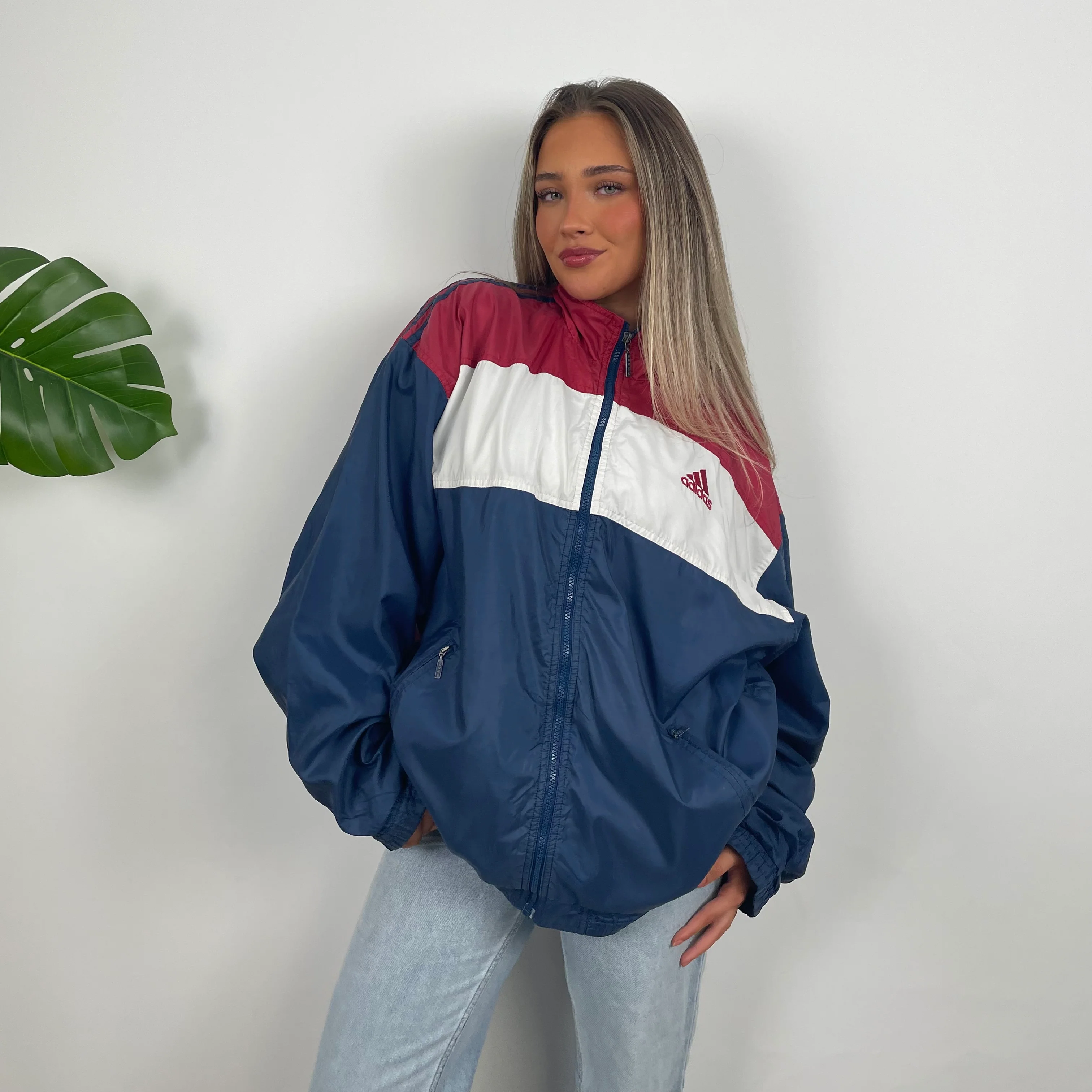 Adidas Navy & Red Colour Block Embroidered Spell Out Windbreaker Jacket (XL) - Image 4