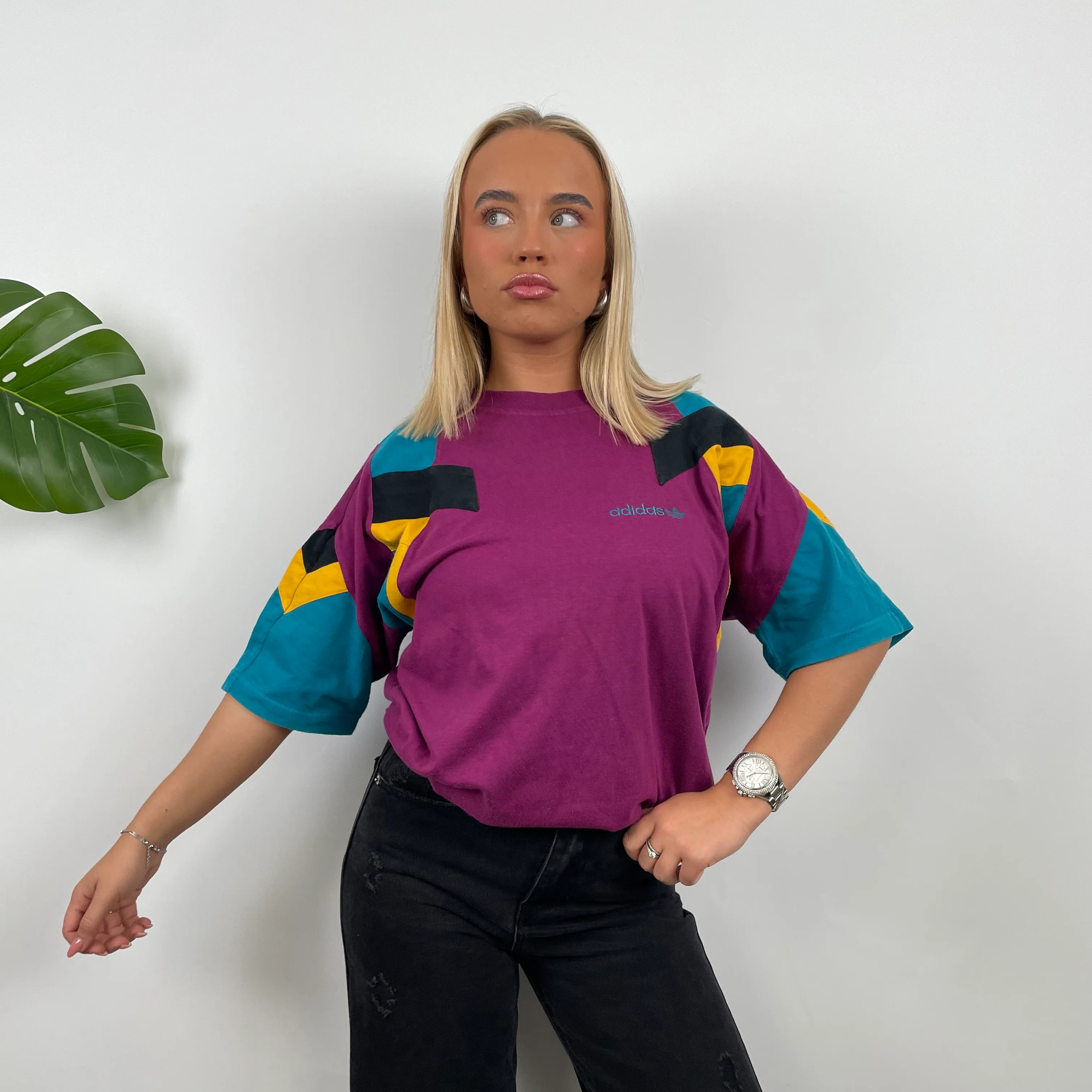 Adidas Embroidered Spell Out Colour Block T Shirt (M) - Image 2
