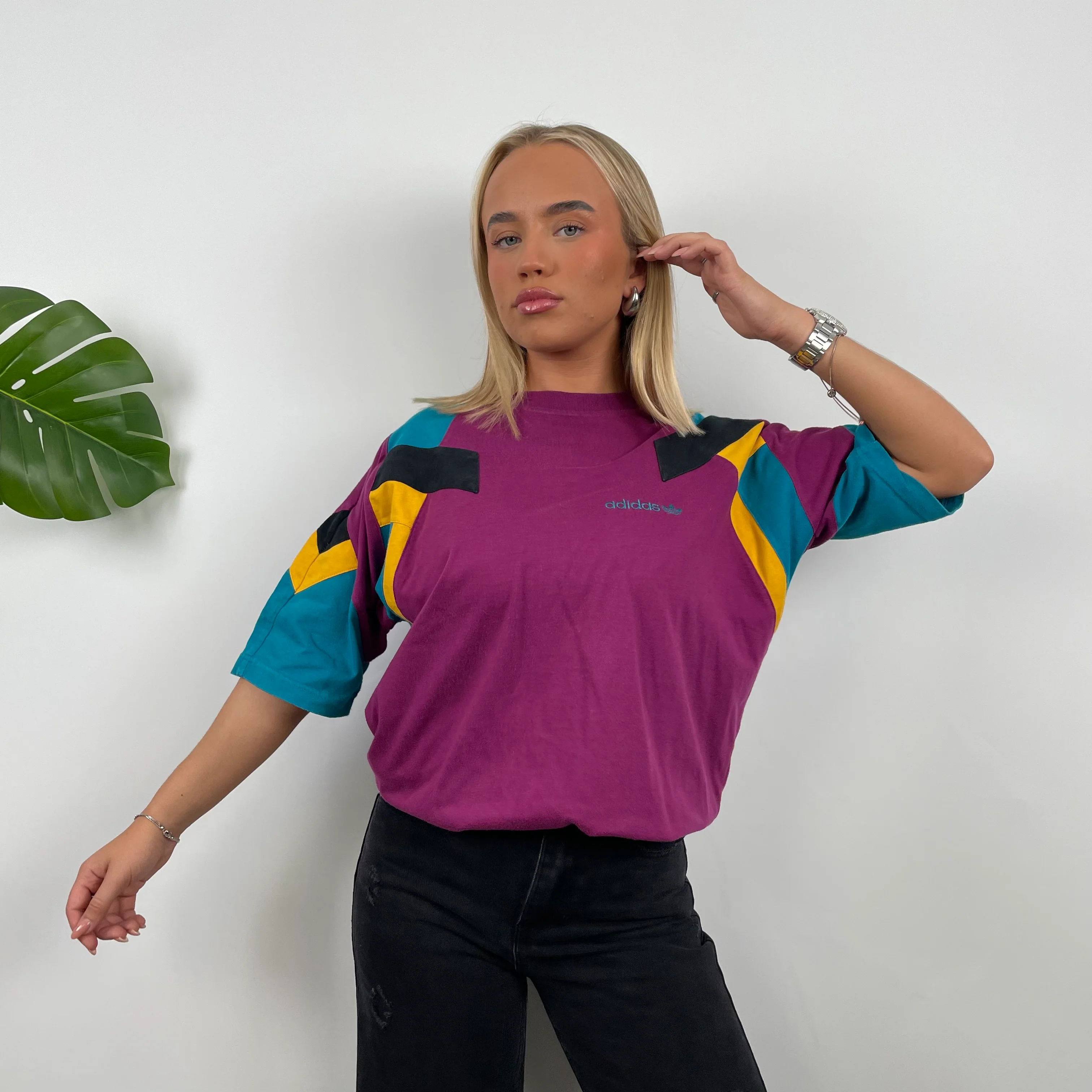 Adidas Embroidered Spell Out Colour Block T Shirt (M) - Image 3
