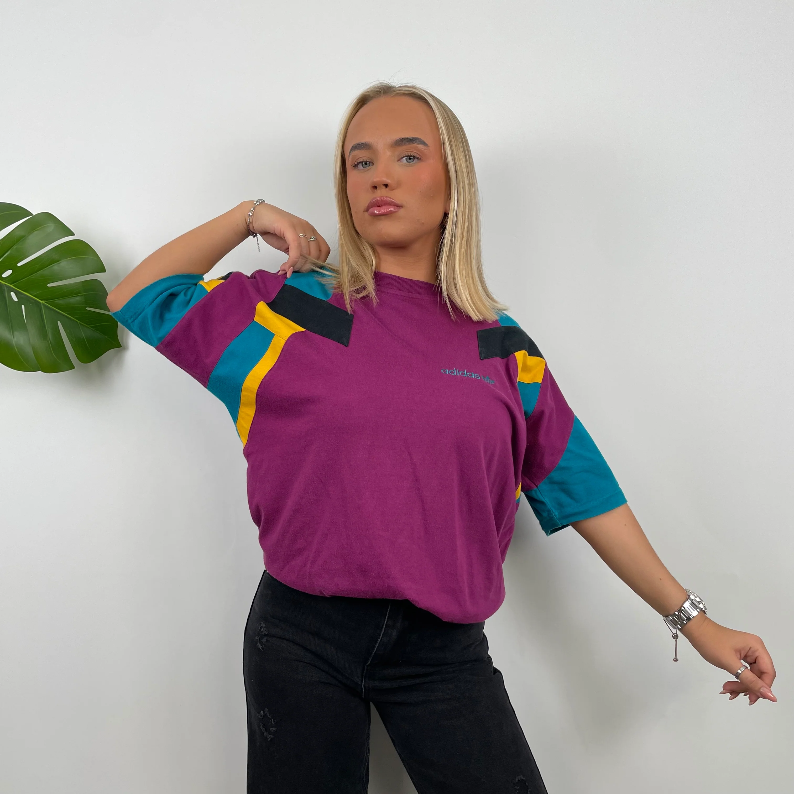 Adidas Embroidered Spell Out Colour Block T Shirt (M) - Image 5