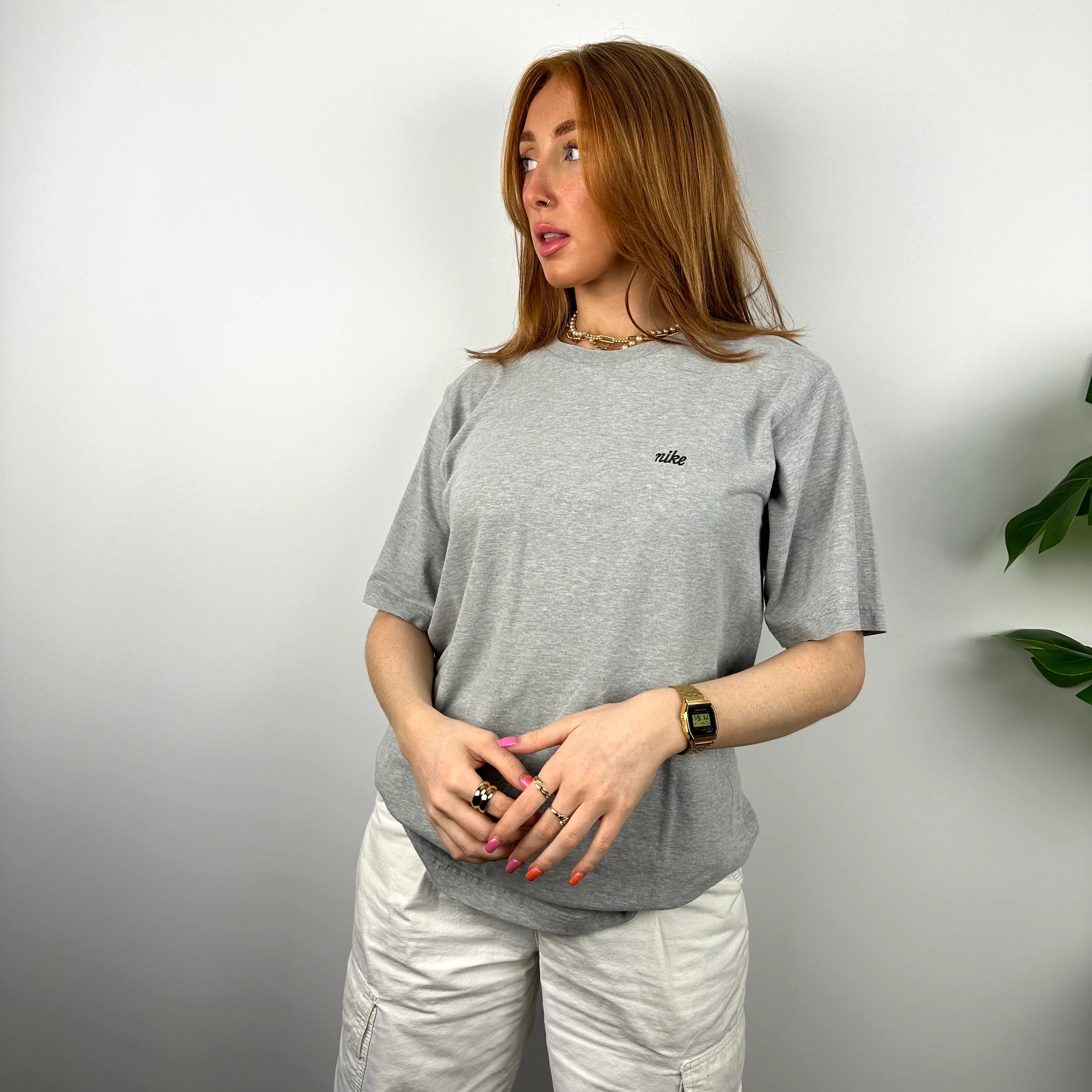 Nike RARE Grey Embroidered Spell Out T Shirt (M) - Image 3