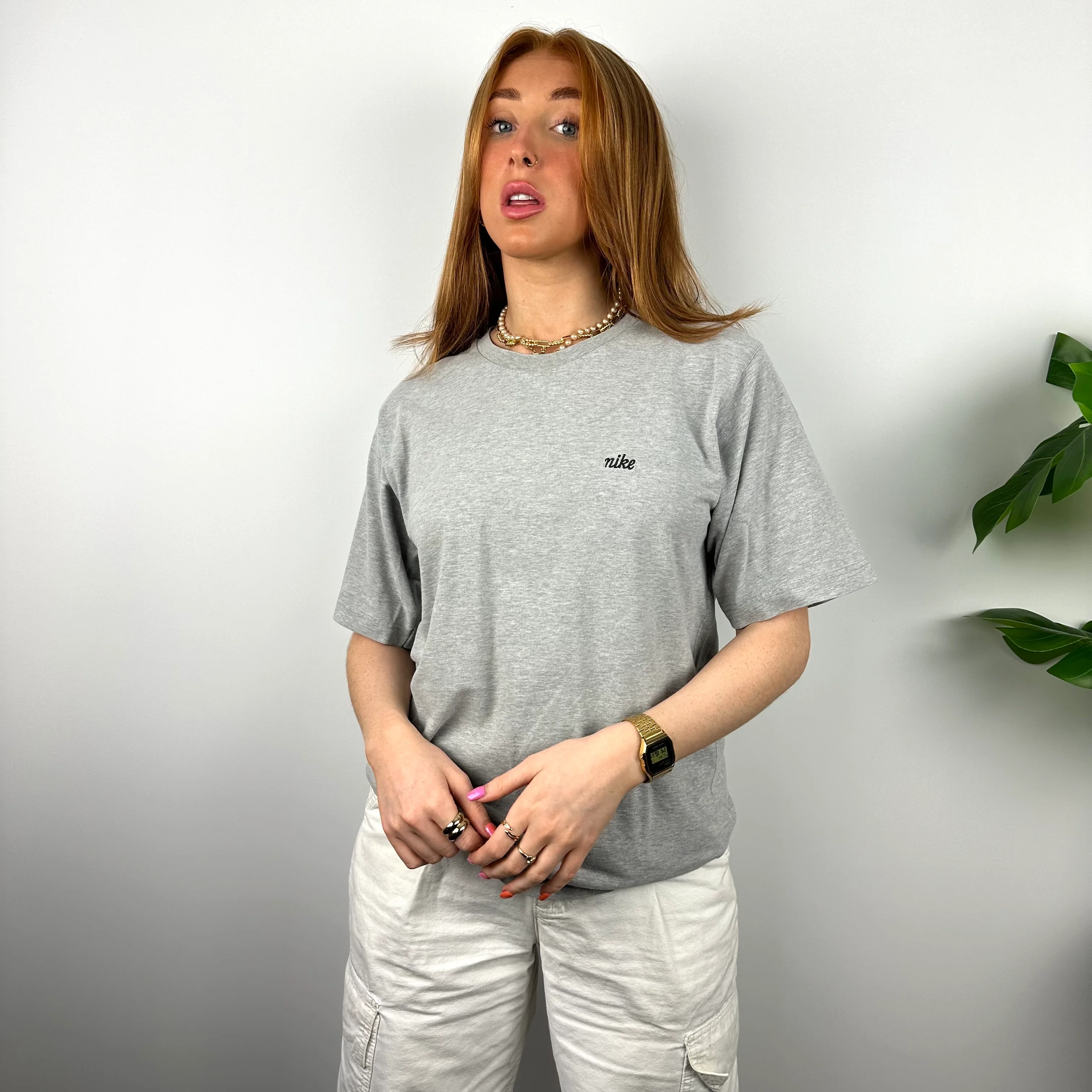 Nike RARE Grey Embroidered Spell Out T Shirt (M) - Image 4