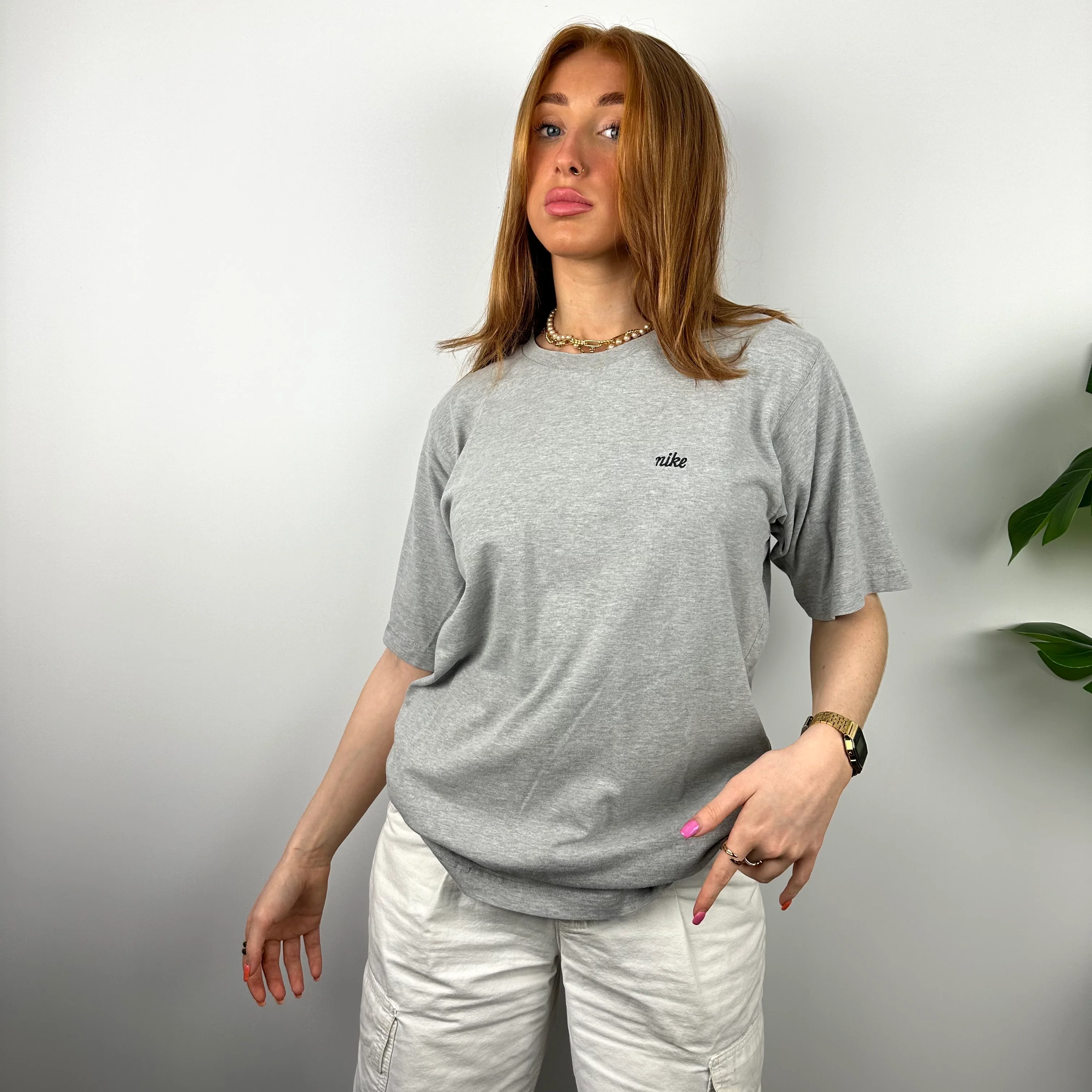Nike RARE Grey Embroidered Spell Out T Shirt (M) - Image 6