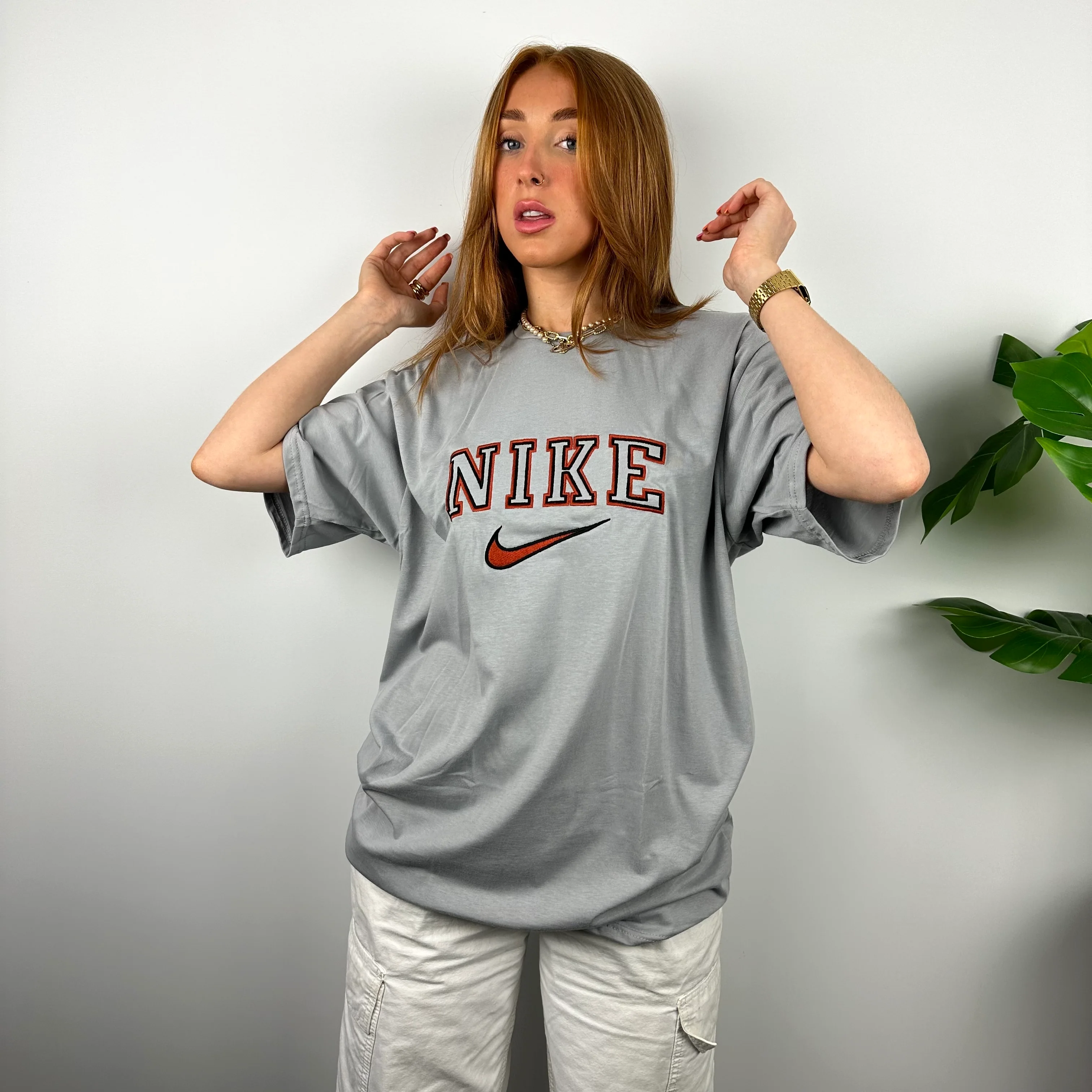Nike RARE Grey Embroidered Spell Out T Shirt (M) - Image 2