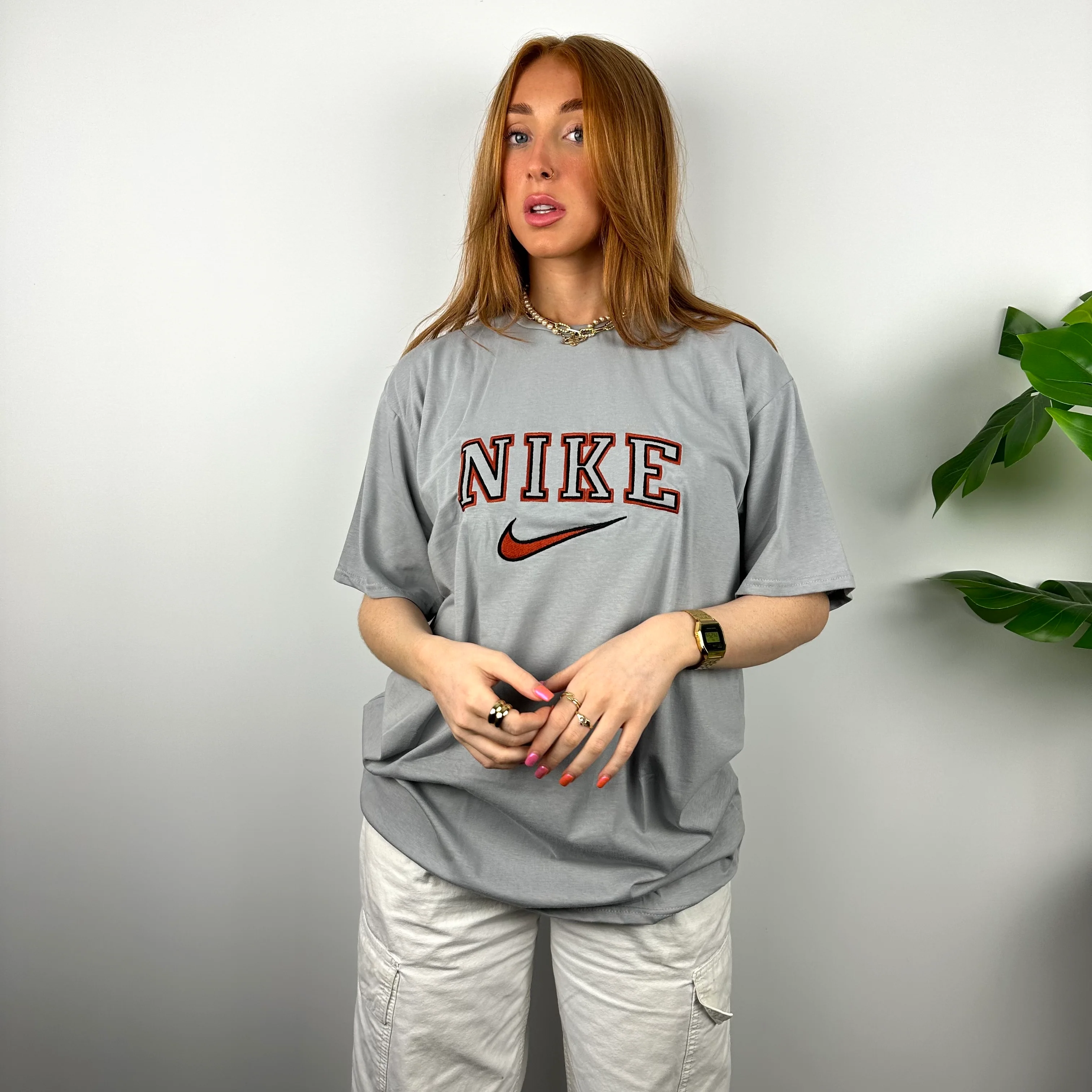 Nike RARE Grey Embroidered Spell Out T Shirt (M) - Image 3
