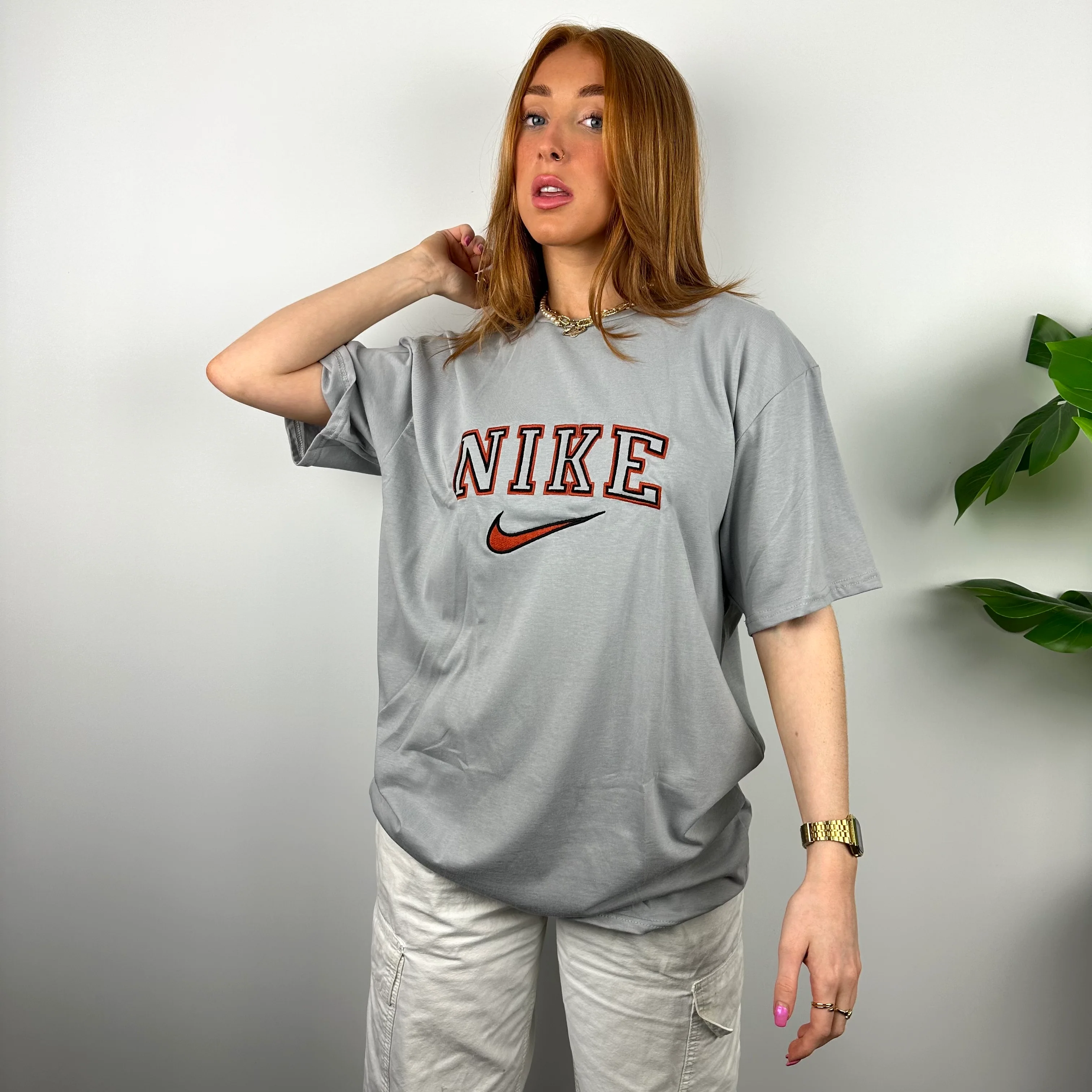 Nike RARE Grey Embroidered Spell Out T Shirt (M) - Image 4
