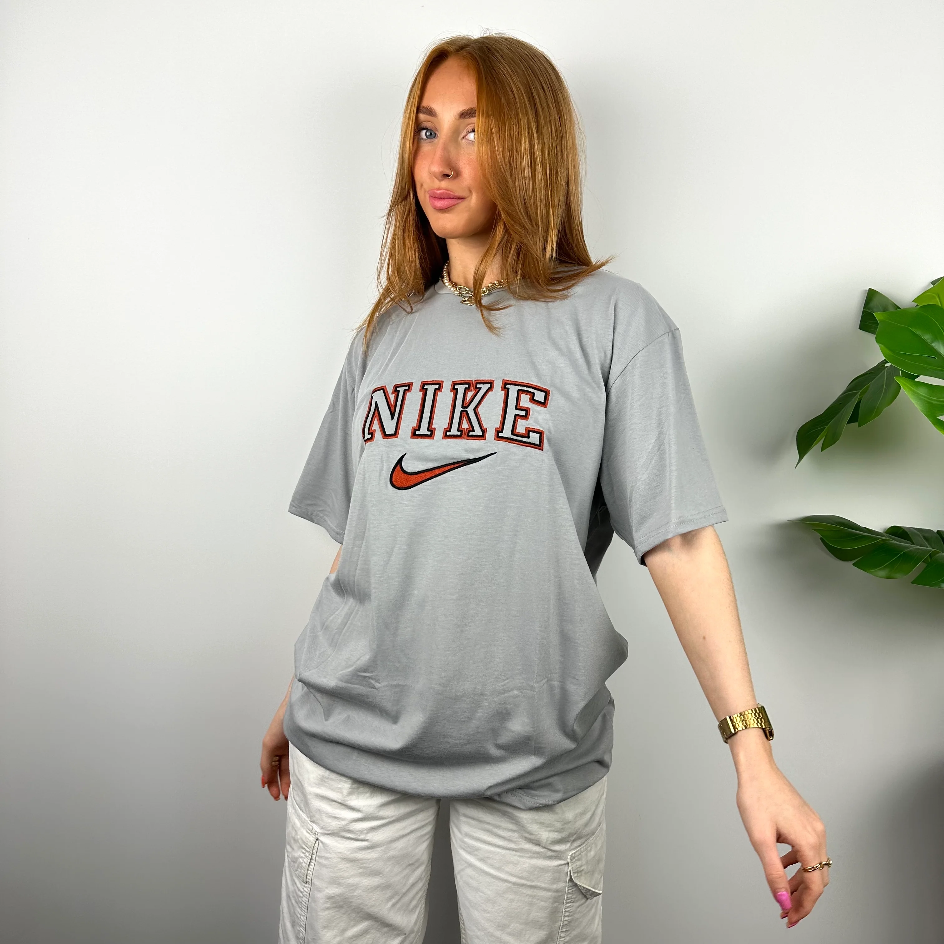Nike RARE Grey Embroidered Spell Out T Shirt (M) - Image 6