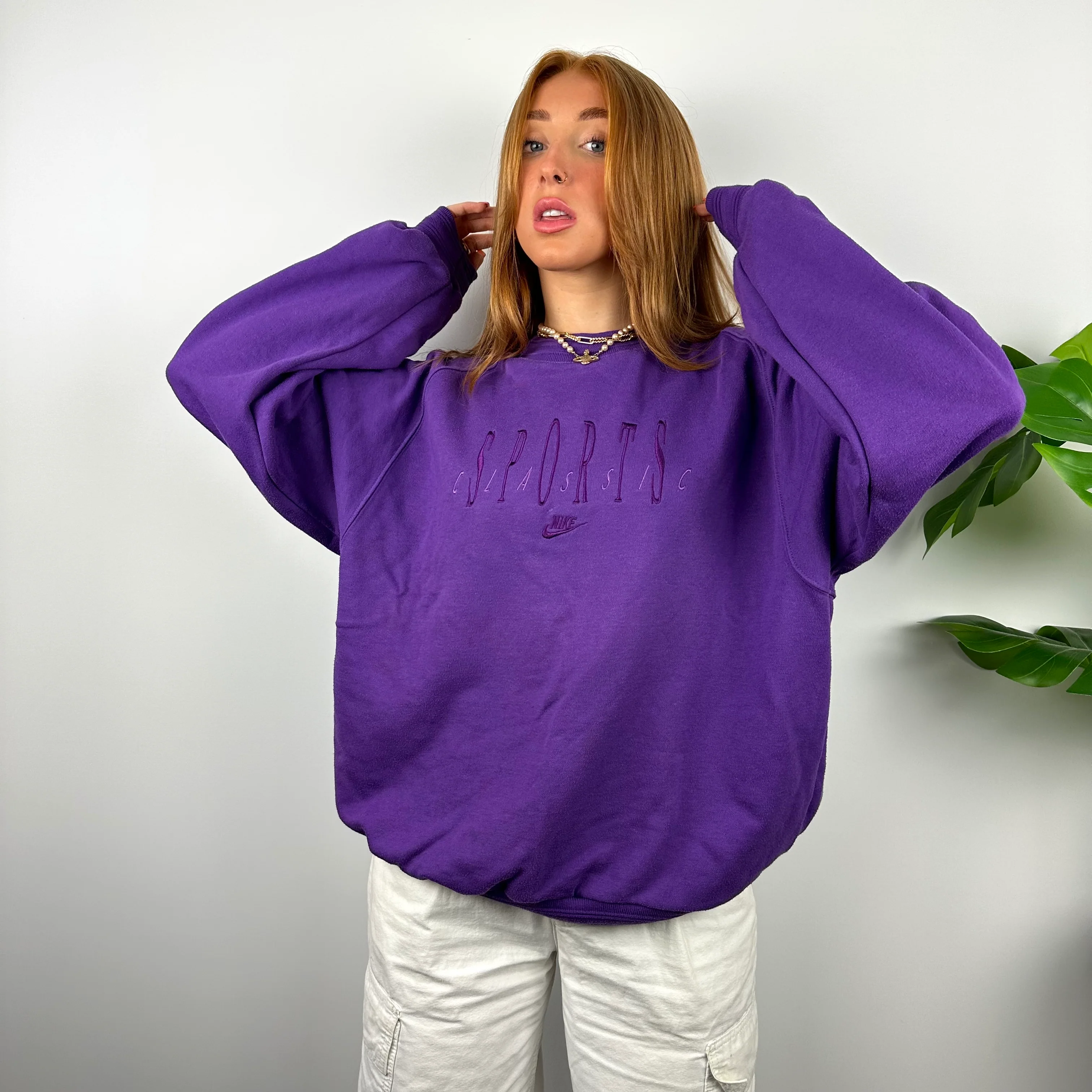 Nike Sports Classic RARE Purple Embroidered Spell Out Sweatshirt (L) - Image 3