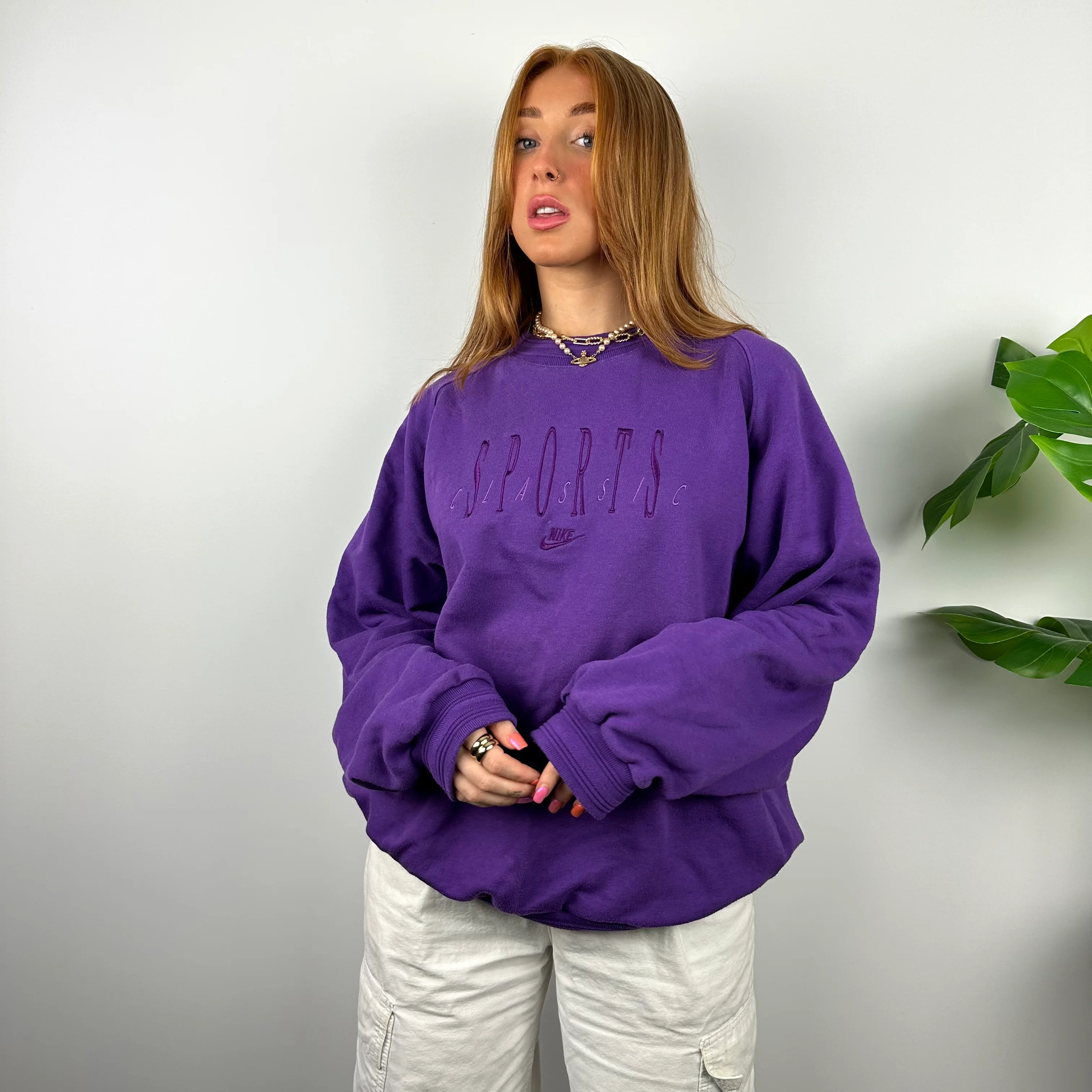 Nike Sports Classic RARE Purple Embroidered Spell Out Sweatshirt (L) - Image 4