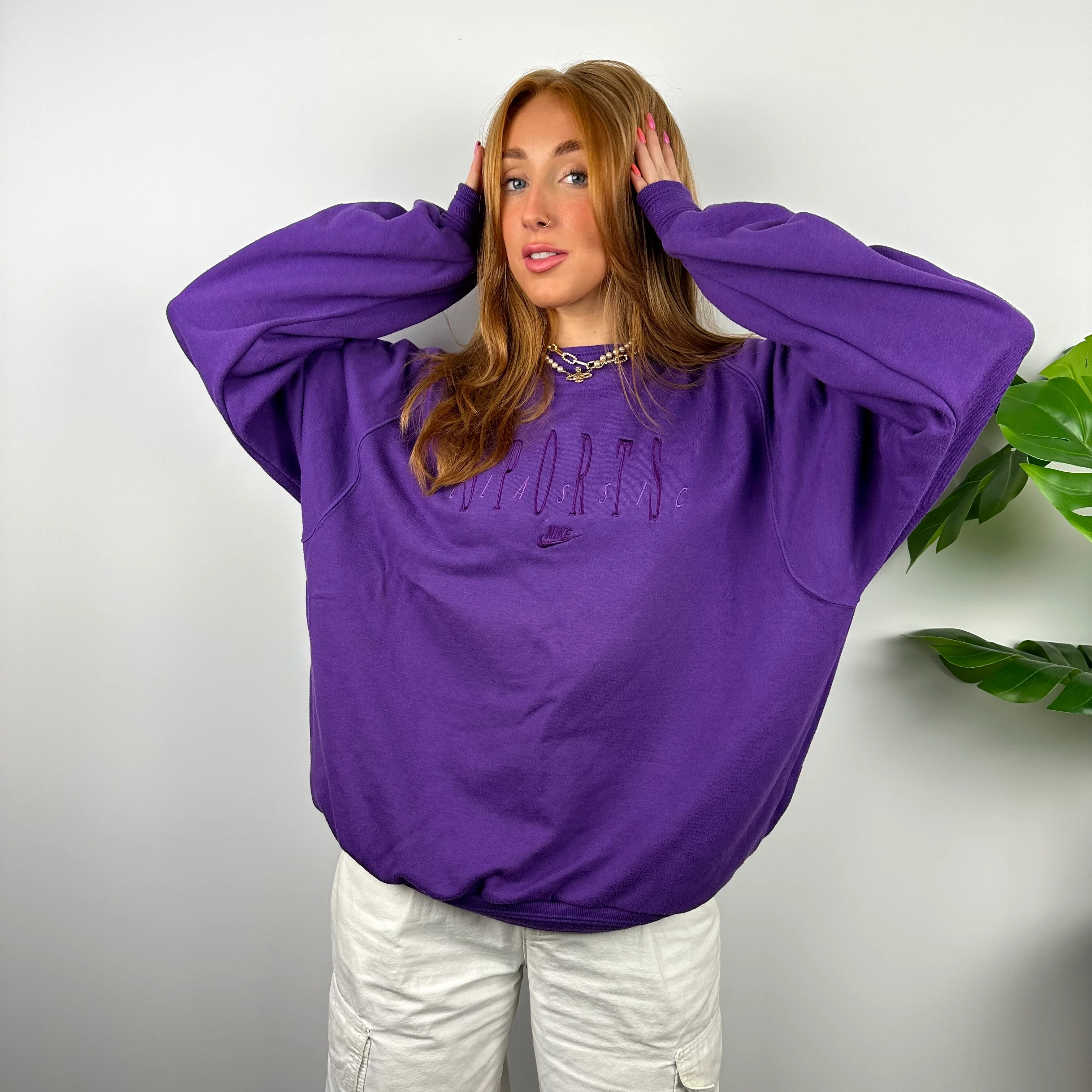 Nike Sports Classic RARE Purple Embroidered Spell Out Sweatshirt (L) - Image 6