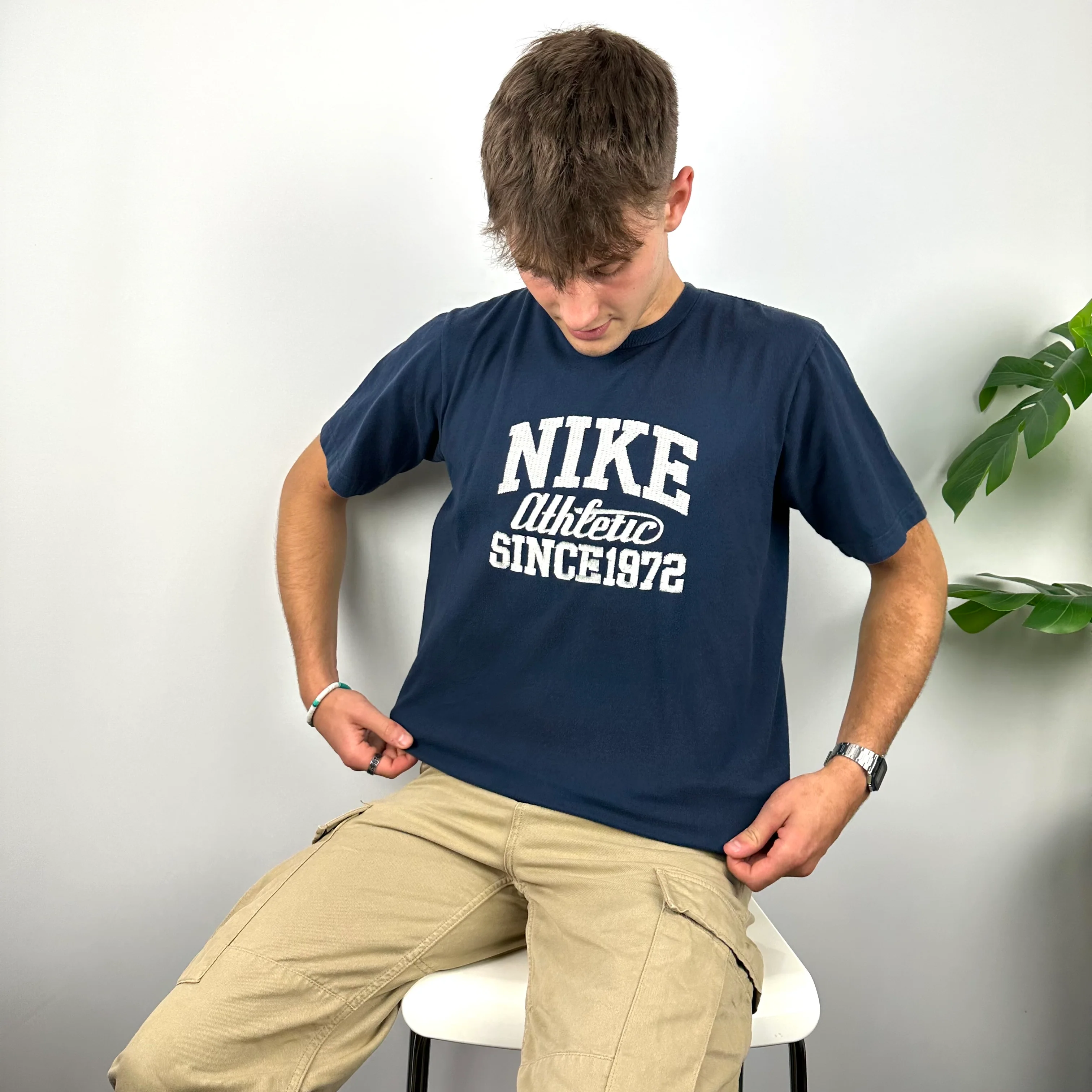 Nike Athletic RARE Navy Embroidered Spell Out T Shirt (M) - Image 4