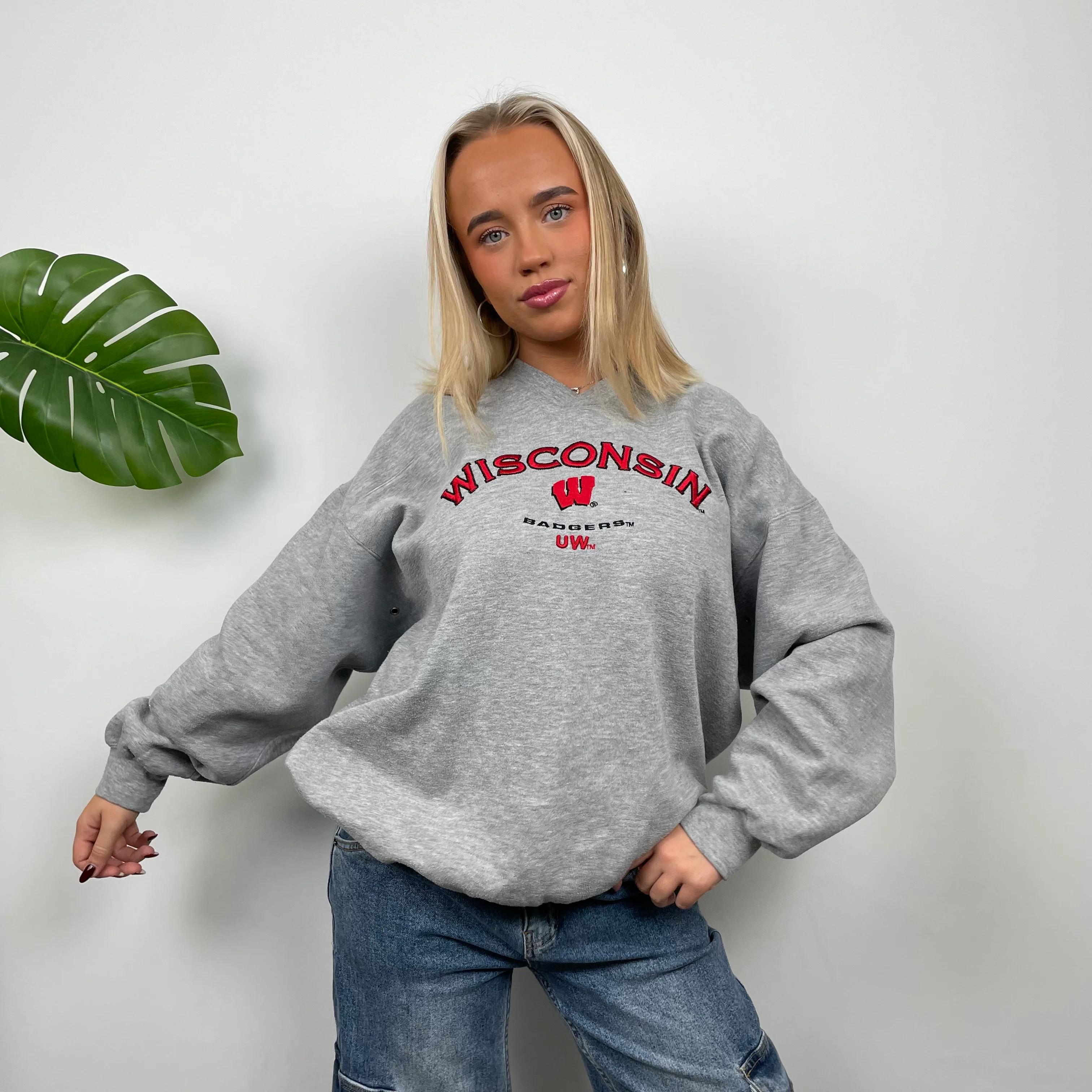 Wisconsin Badgers USA College Grey Embroidered Spell Out Sweatshirt (M) - Image 4