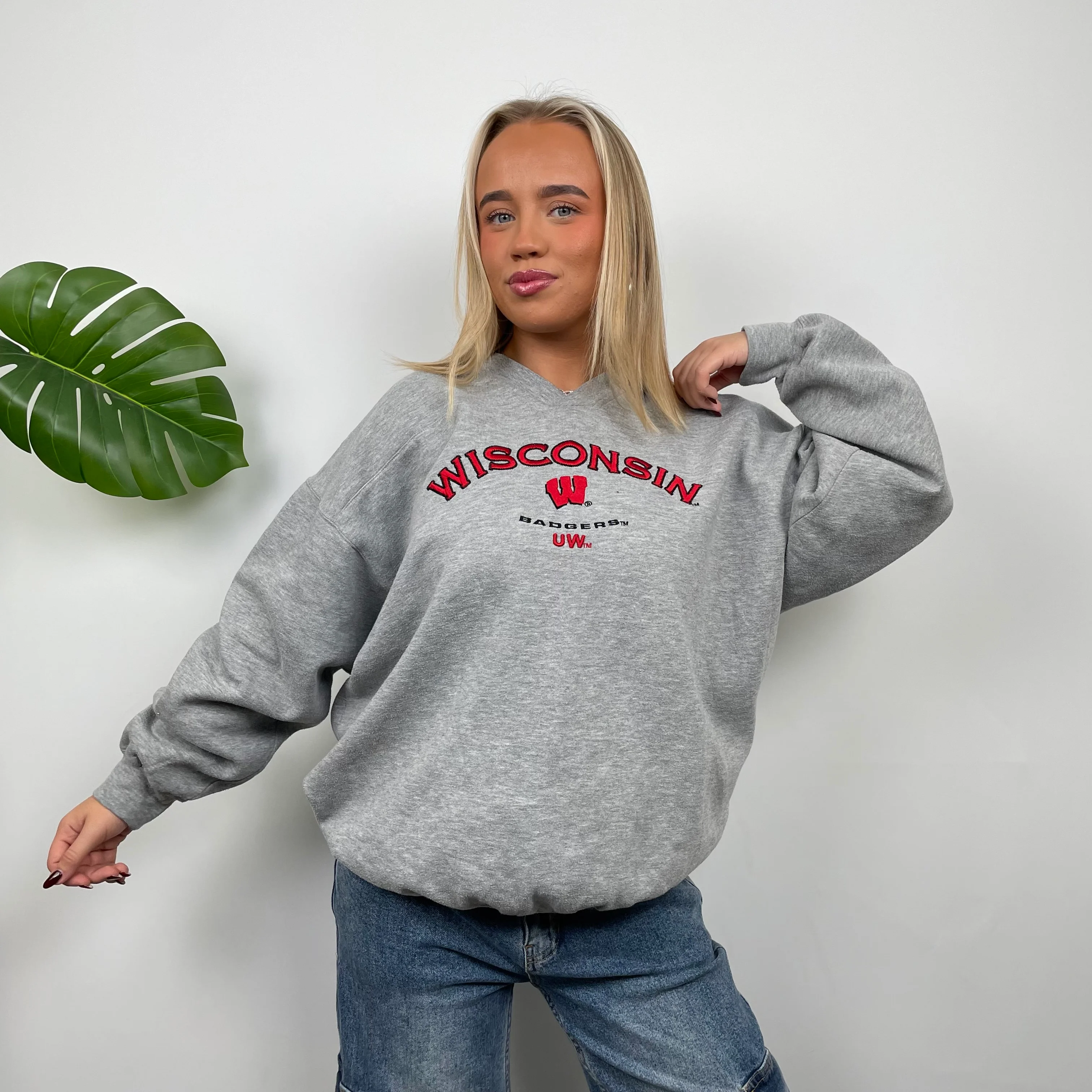 Wisconsin Badgers USA College Grey Embroidered Spell Out Sweatshirt (M) - Image 5