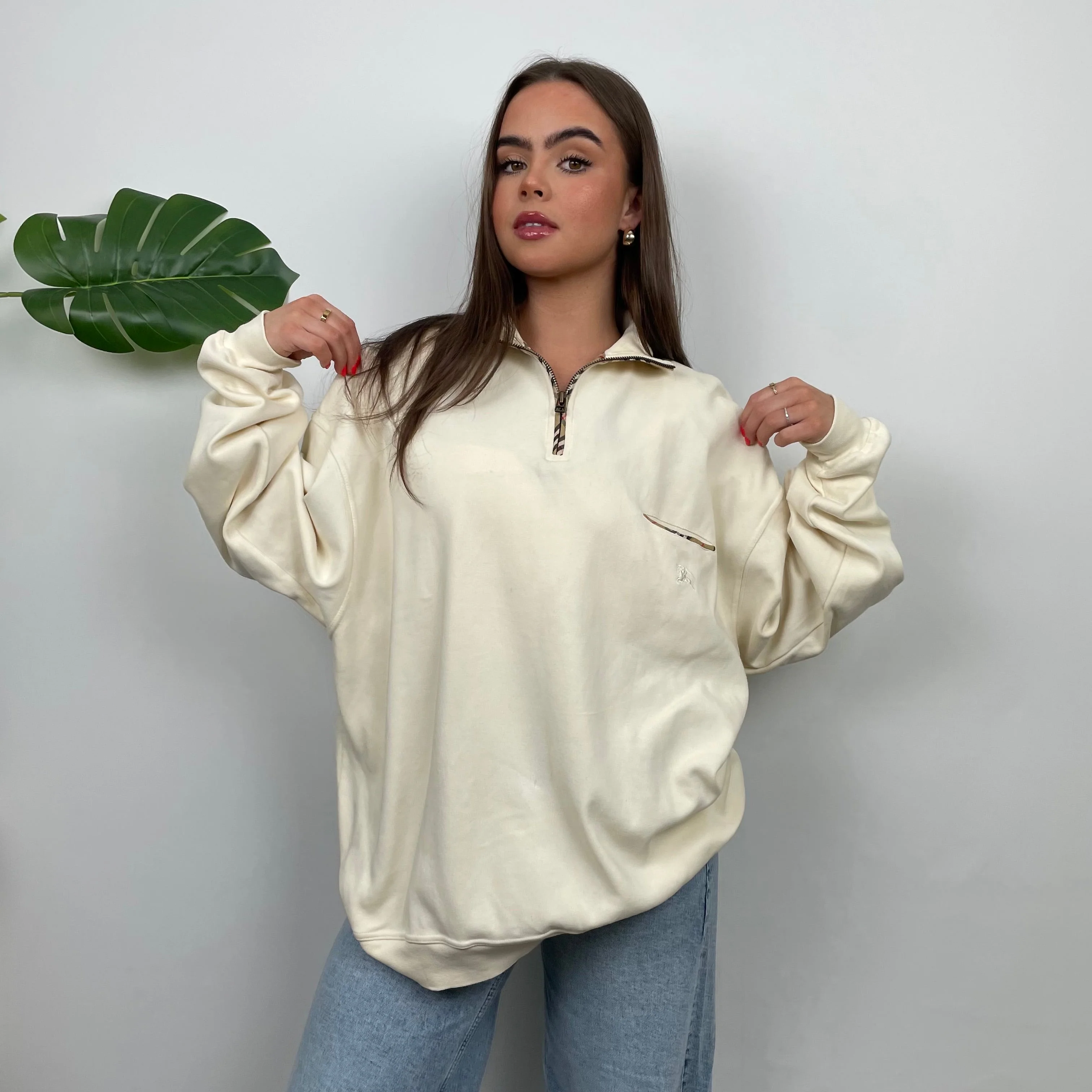 Burberry Cream Embroidered Spell Out Quarter Zip (L) - Image 2